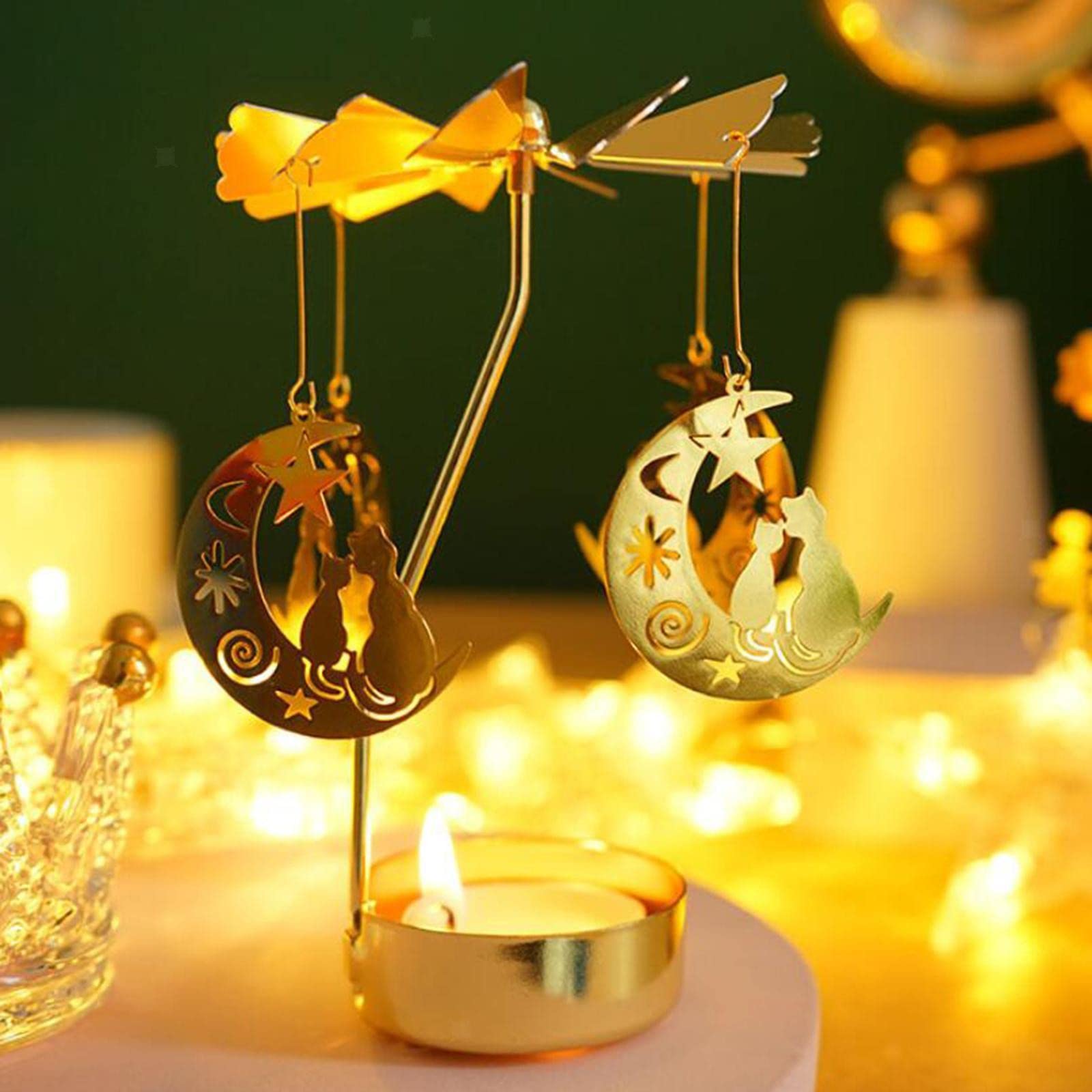 Gold Rotating Metal Tealight Candle Holder - Moon Cat Design for Christmas, Valentine's Day, Wedding & Party Table Decor | Romantic Home Decor, Centerpiece for Dining Table, Holiday Gift Idea
