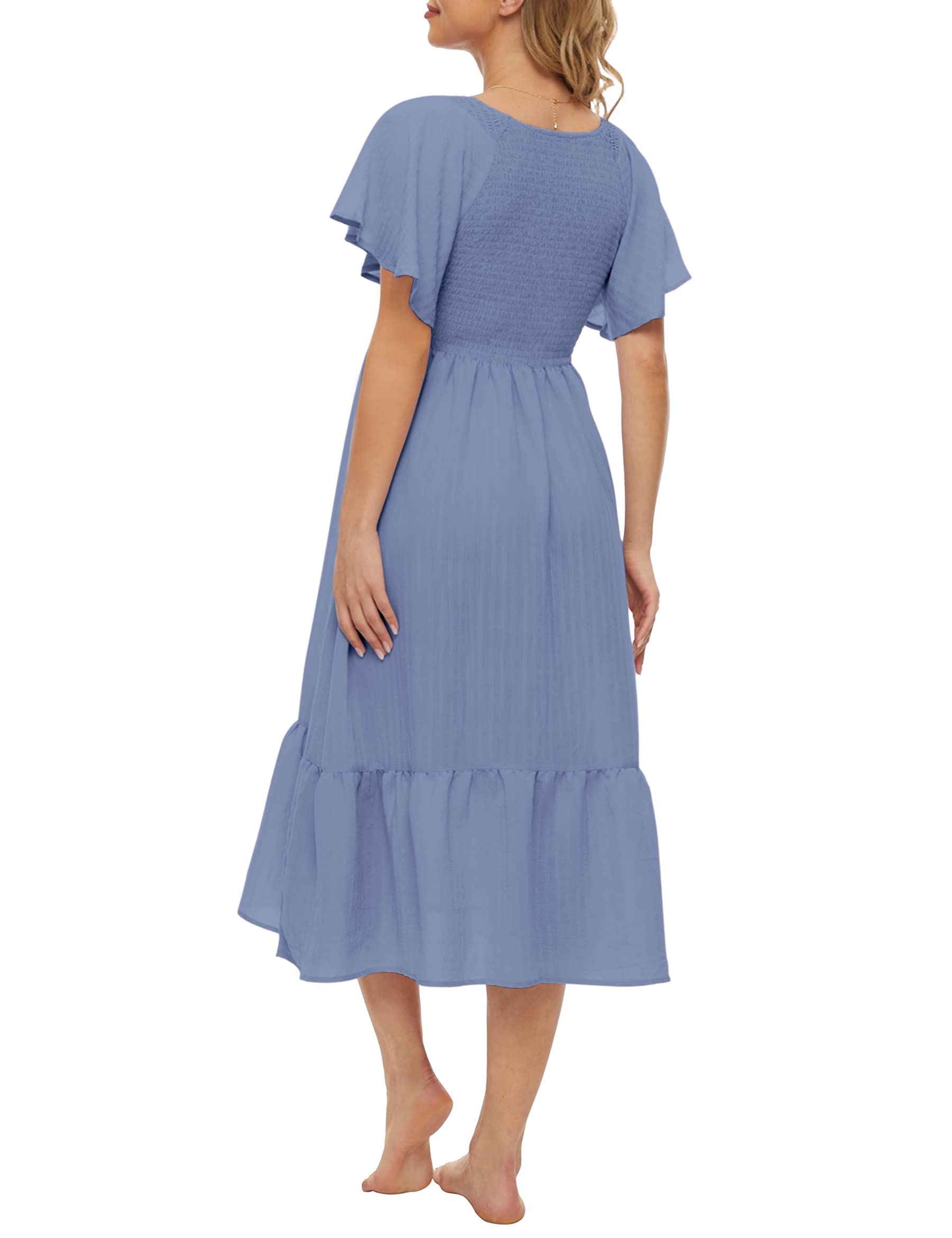 Boho Flutter Short Sleeve Maternity Dress for Women - V-Neck Smocked Midi Dress (Sizes S-2XL) | Perfect for Baby Showers, Casual Wear & Pregnancy Photoshoots