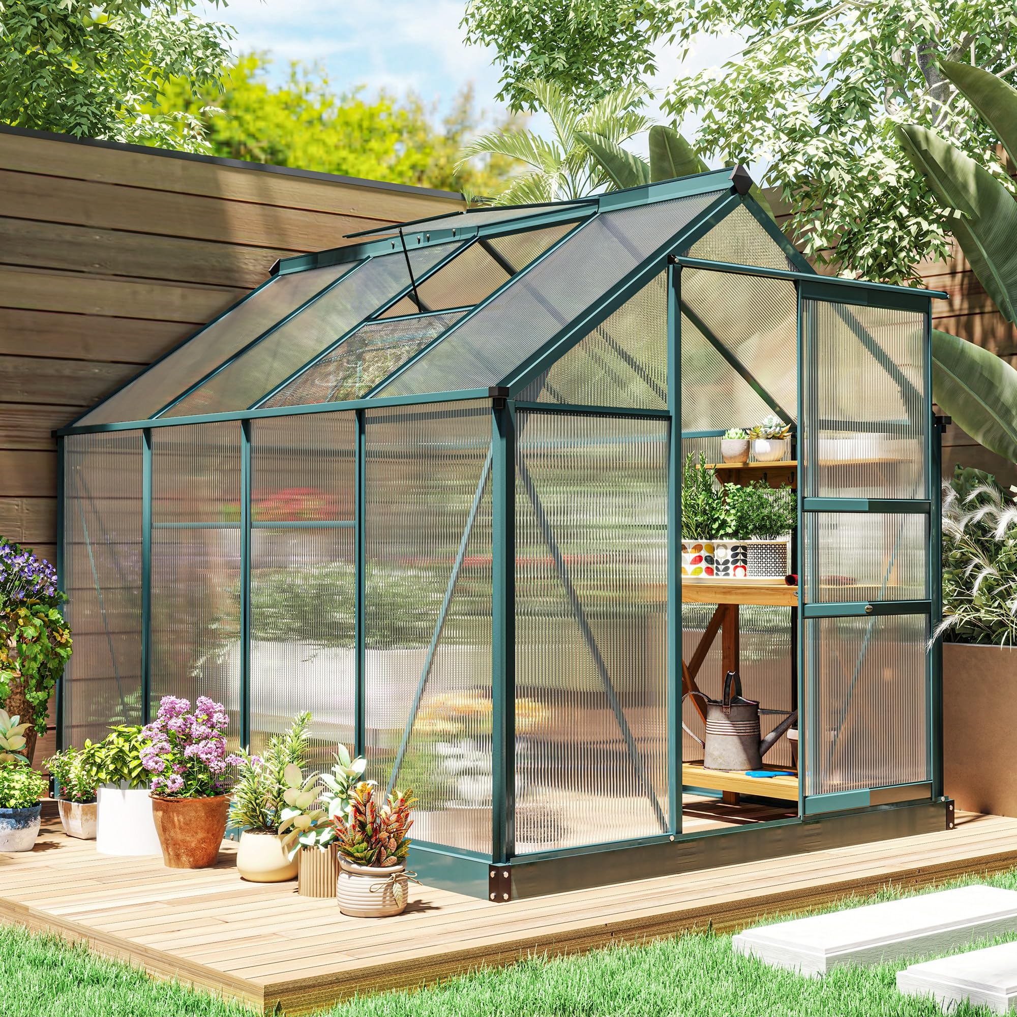 Outsunny 6' x 8' Polycarbonate Greenhouse with Rain Gutter & Roof Vent - Durable Aluminum Walk-in Outdoor Greenhouse for Backyard, Patio & Garden (Dark Green) - Perfect for Growing Vegetables, Herbs & Flowers Year-Round
