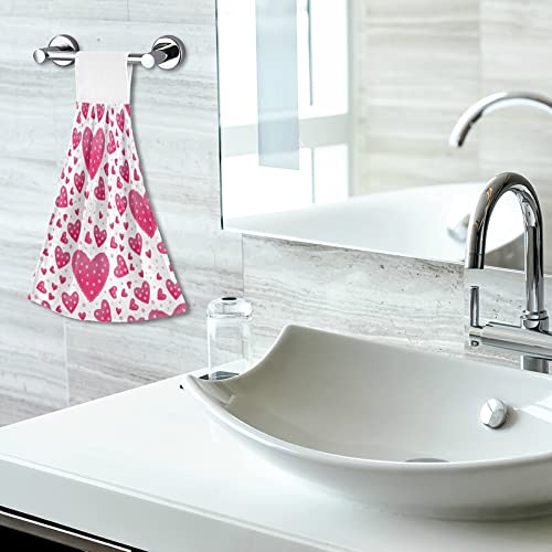Pink Hearts & Dots Kitchen Oven Towels - 2 Pack Super Absorbent Hanging Hand Towels with Loop for Mothers Day, Valentines Day - Dishcloth, Tea Towel & Bar Mop for Kitchen, Bathroom & Tabletop Cleaning