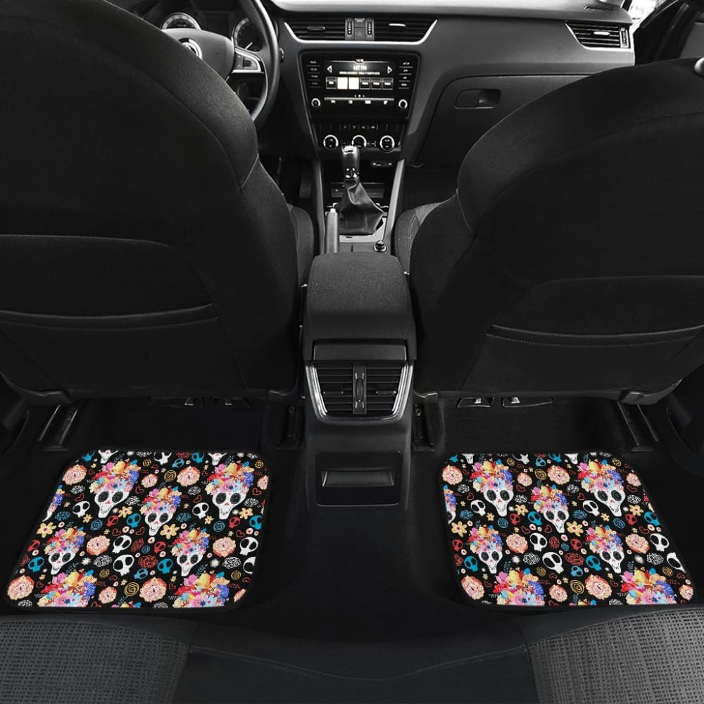 4 Pcs Floral Sugar Skull Car Floor Mats - Non-Slip Rubber Backing for Cars, SUVs & Trucks - Perfect for Day of the Dead Decor & Mexican Themed Vehicles