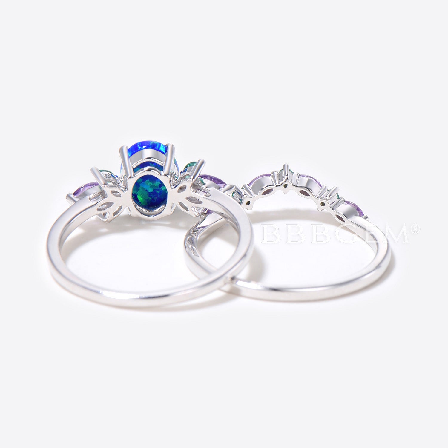 1.5ct Oval Cut Blue Opal Engagement Ring Set - Sterling Silver with Emerald & Amethyst Accents - Wedding Ring, Bridal Jewelry Set - Perfect for Proposals, Anniversaries & Romantic Gifts