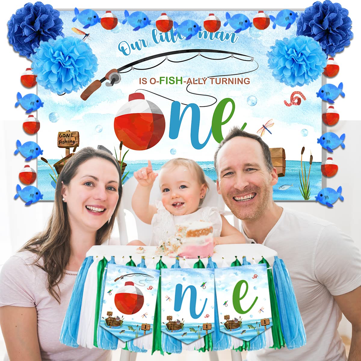 Ofishally One Fishing Theme 1st Birthday Banner - Highchair Decoration, Backdrop & Party Supplies for Boys | Perfect for First Birthday Decor, Photo Backdrops & Themed Celebrations