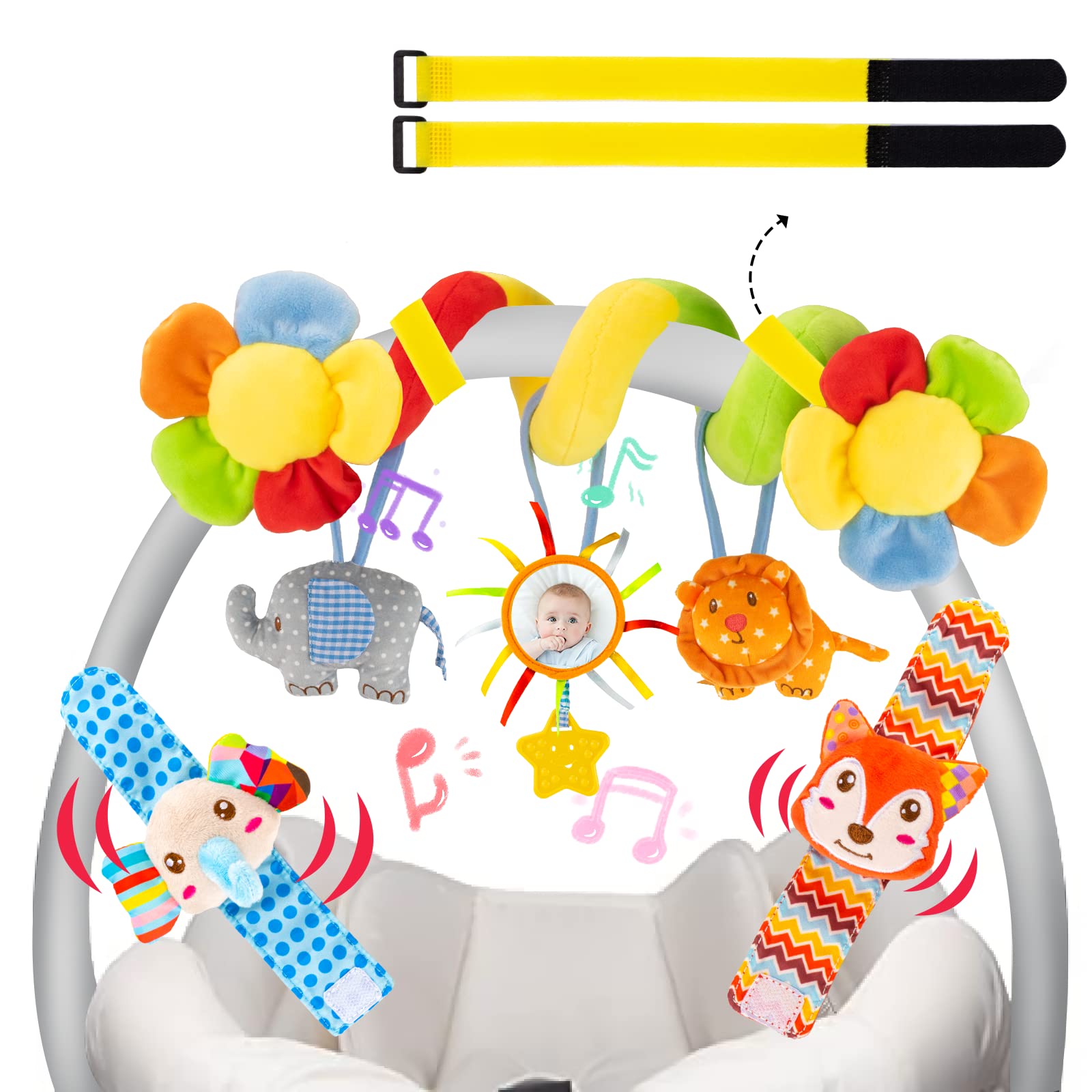 UNIH Soft Musical Baby Car Seat Toys for 0-12 Months - Hanging Sensory Toys with Mirror for Newborns & Infants | Crib Mobile, Stroller & Car Seat Entertainment for Boys & Girls (Includes 2 Velcro Straps) - Perfect for Road Trips, Stroller Walks & Nursery Playtime
