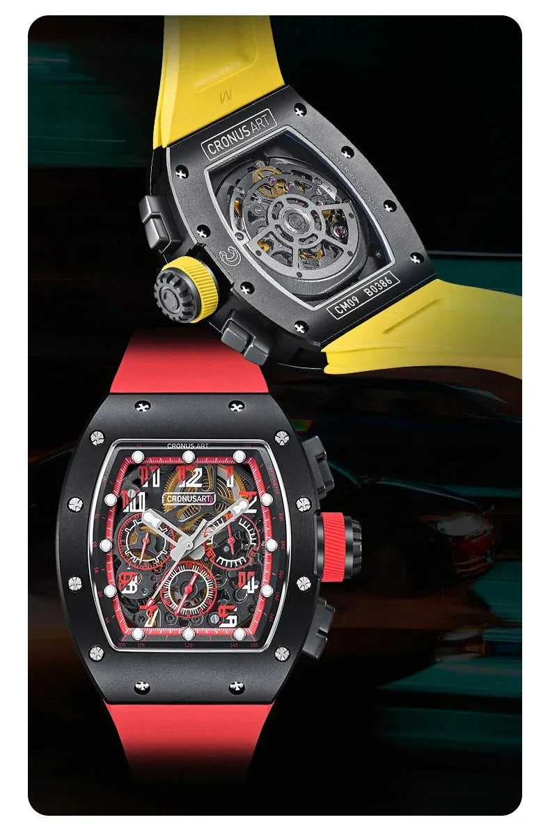 CRONUSART Men's Chronograph Watch - 50mm Tonneau Automatic Mechanical Wristwatch with Luminous Sapphire & Fluororubber Strap - 3 Windows Display - Perfect for Business, Casual & Outdoor Activities