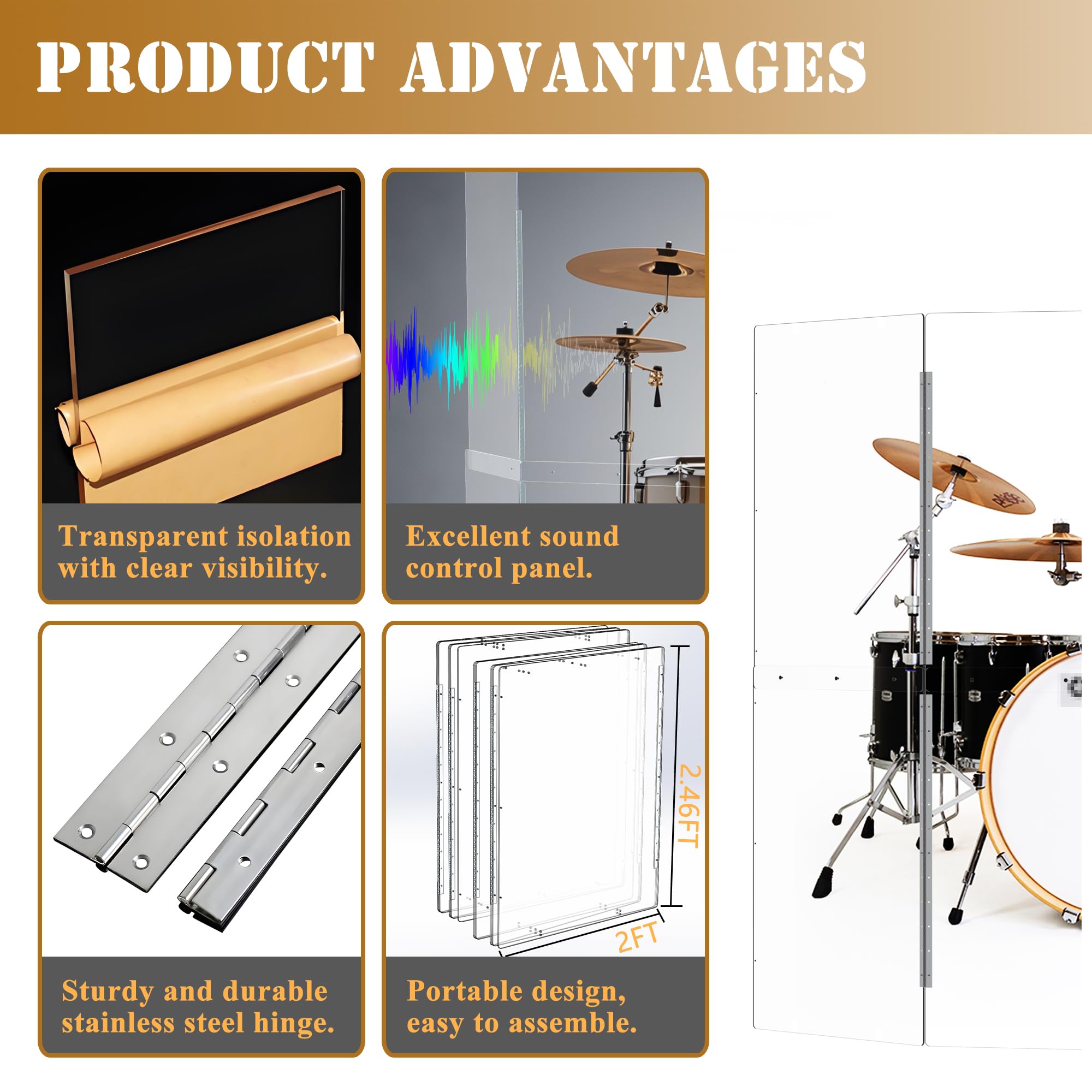 5-Panel Portable Drum Shield 2ft x 5ft - Acrylic Sound Screen with Full-Length Stainless Steel Hinges | Drum Cage for Live Performances, Church Worship & Studio Recording | Noise Reduction for Drum Sets & Practice Sessions