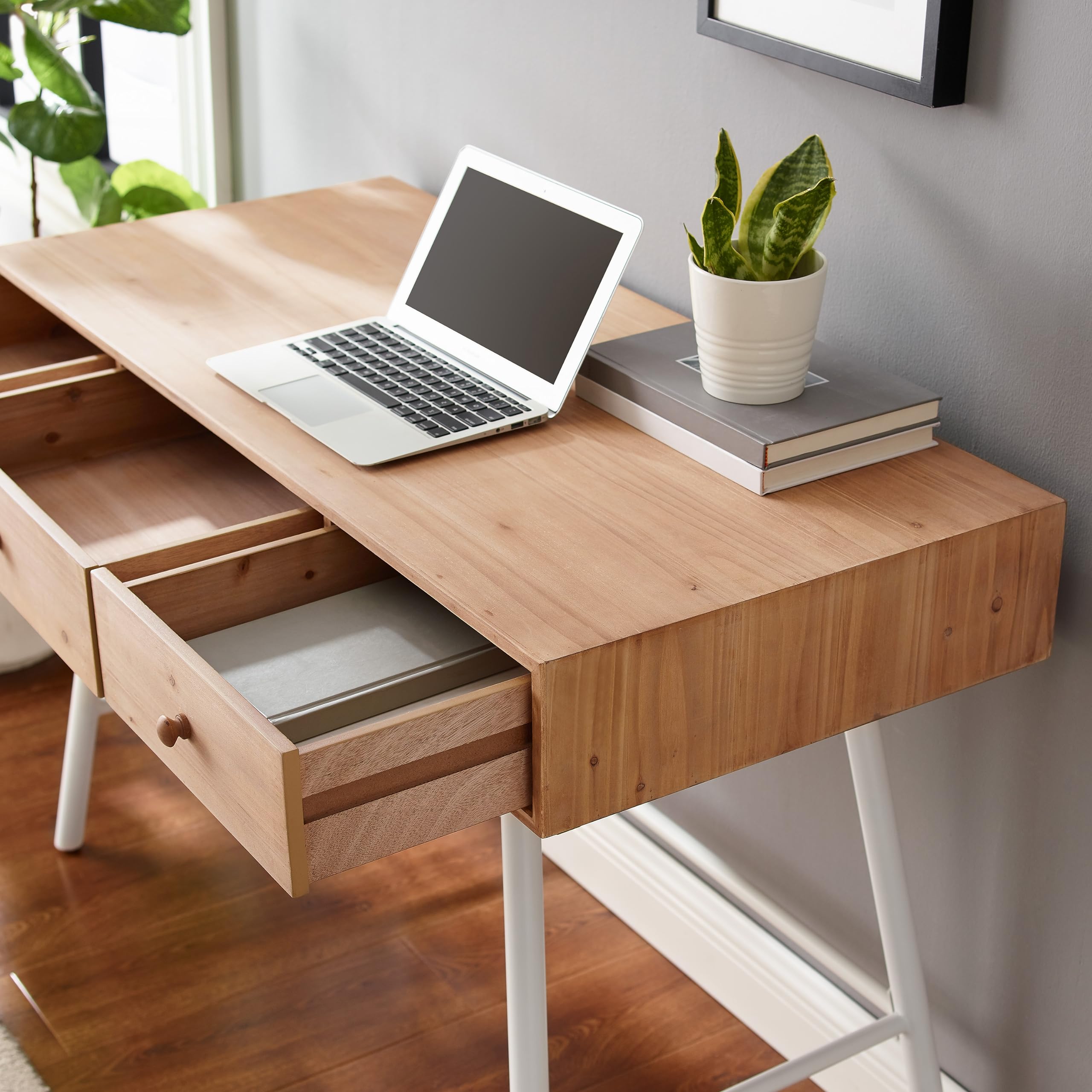 Linon Wood and Metal 3-Drawer Writing Desk in Natural & White - Stylish Home Office Furniture for Small Spaces, Dorm Rooms & Workspaces