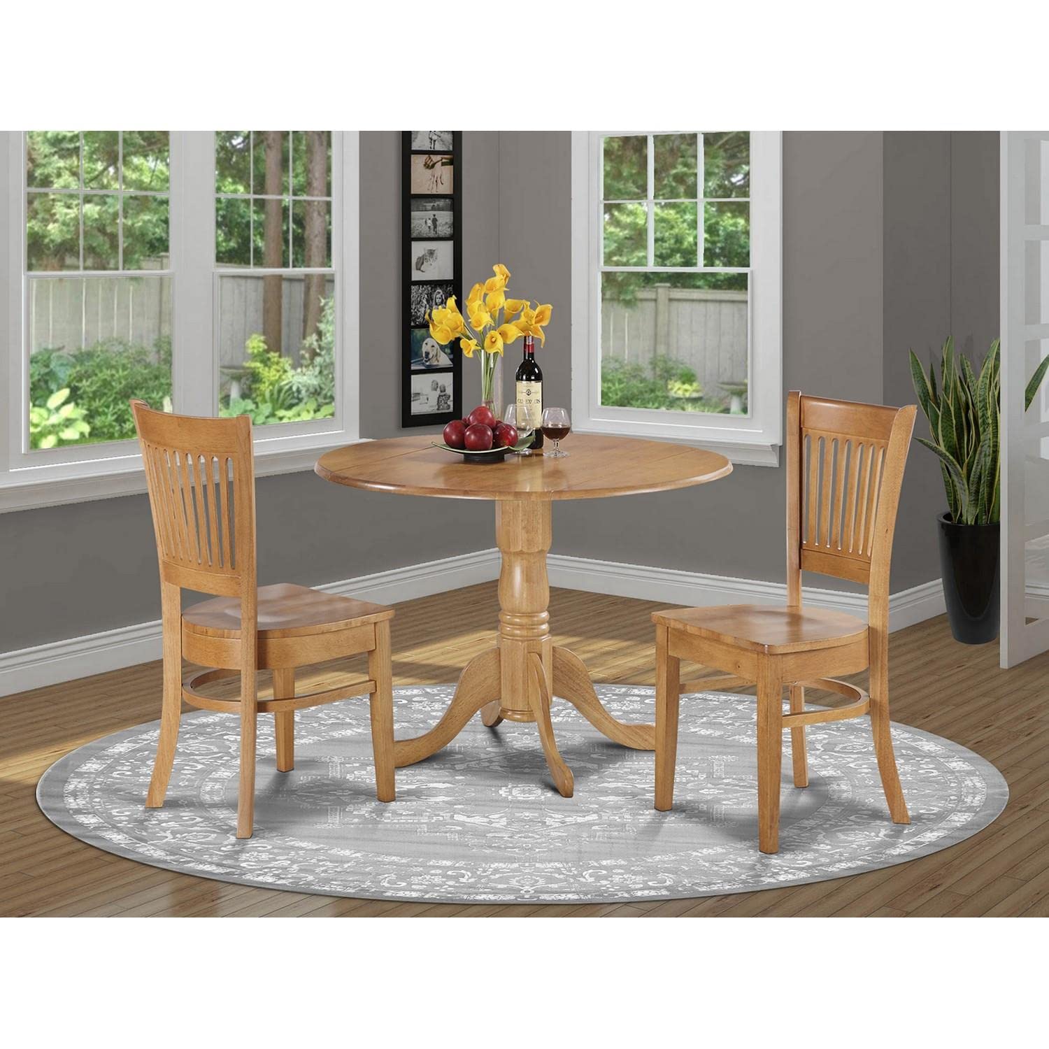 East West Furniture DLVA3-OAK-W 3-Piece Oak Dining Table Set with Drop Leaf & 2 Wooden Chairs for Small Spaces, 42x42 Inch - Perfect for Apartments, Breakfast Nooks & Cozy Kitchens