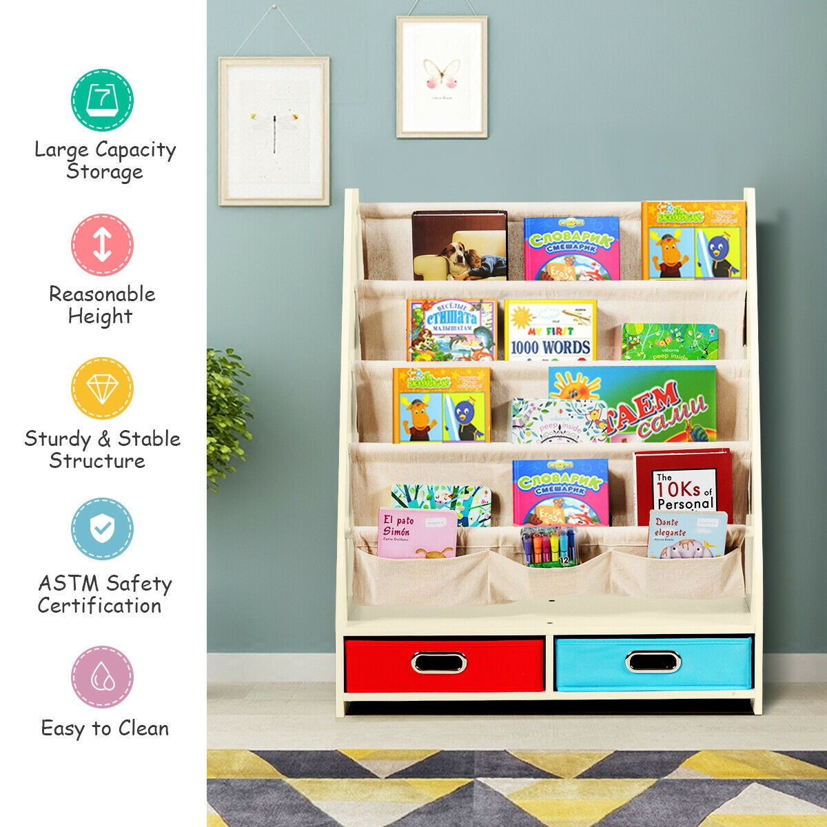 Kids Book and Toy Organizer Shelf - Beige Storage Unit for Nursery, Playroom & Bedroom - Perfect for Organizing Children's Books, Toys & Decor