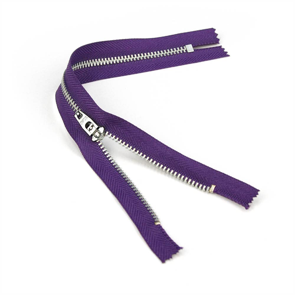 12 Pack 9-Inch Silver Metal Teeth Zippers with Imperial Purple Tape - Premium Pants Zippers for Sewing, DIY, and Clothing Repair | Bias Bespoke Brand