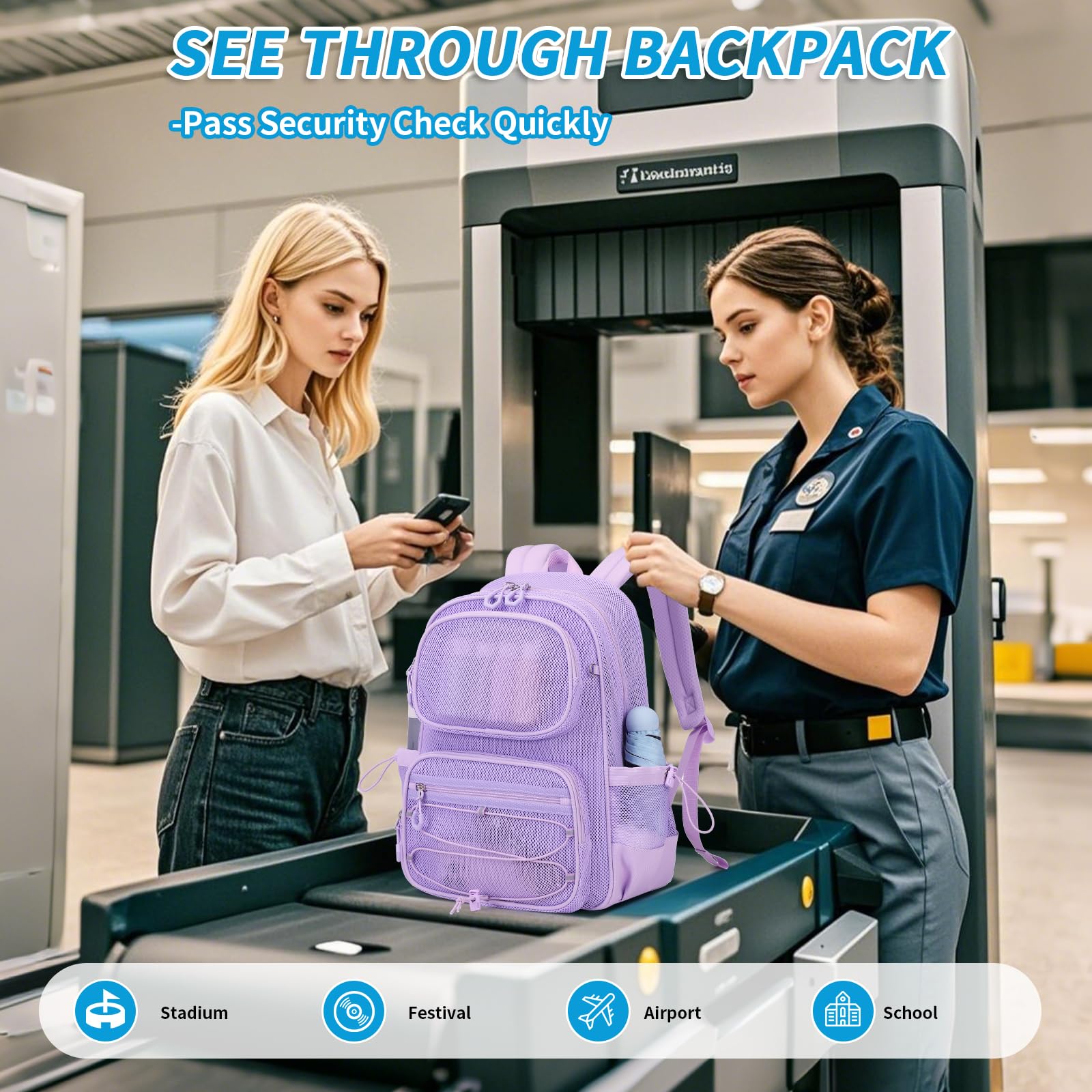 Breathable Mesh Backpack - Heavy Duty See Through Bookbag, Ultra Lightweight Transparent Net Backpack for School, Gym, Travel & Beach - Durable & Comfortable for Sports & Outdoor Activities - Purple