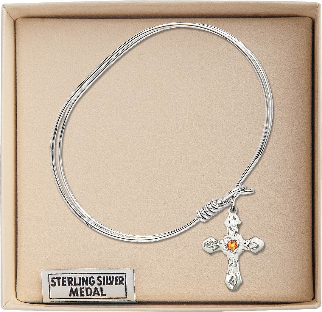 7 Inch Oval Eye Hook Bangle Bracelet with Cross Medal Charm & November Yellow Crystal - Elegant Jewelry for Women, Perfect for Church, Weddings, and Special Occasions