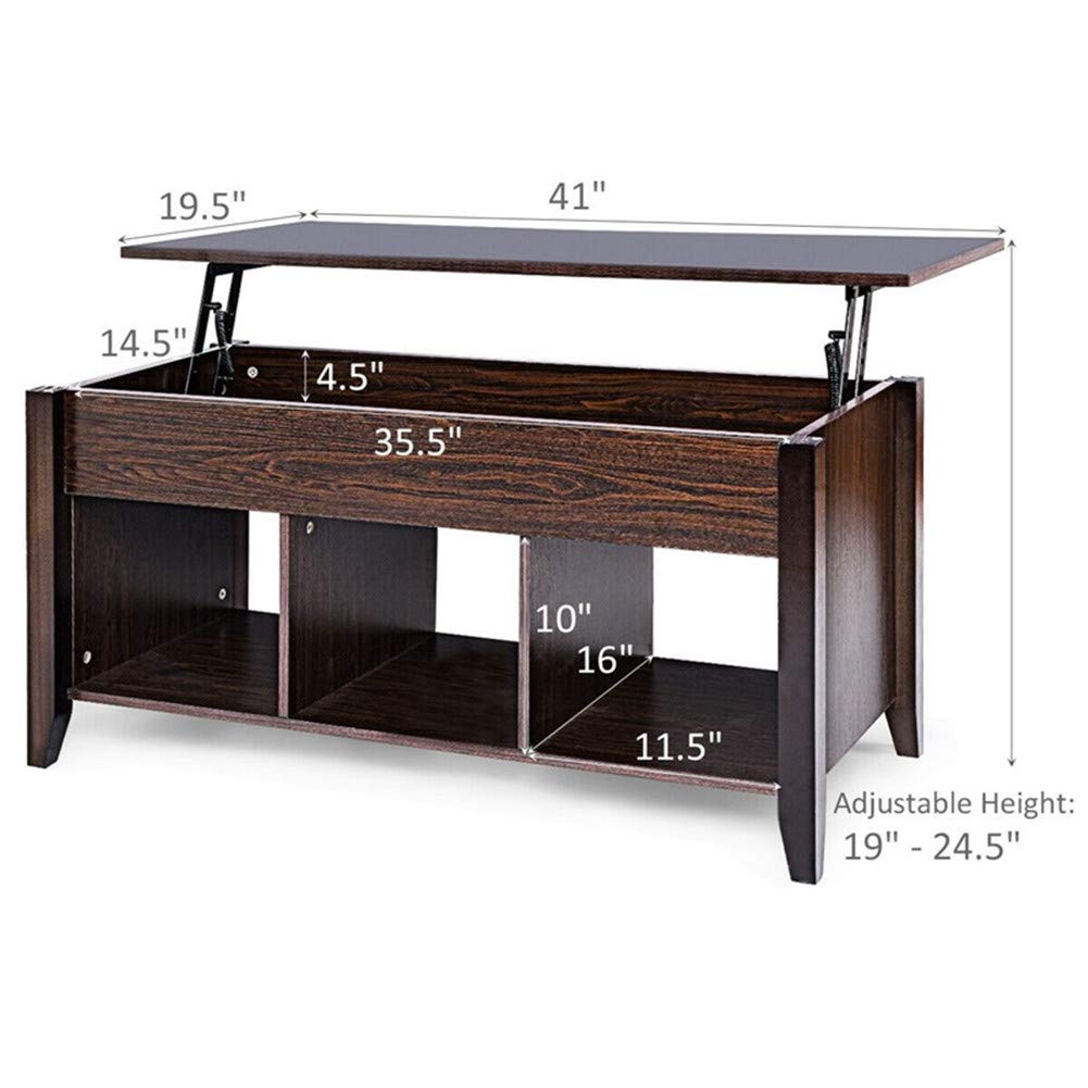 Modern Lift Top Coffee Table with Hidden Storage - Solid Wood Lift-Top Coffee Table for Living Room, Home Office, Dining - Brown Lift Table with Compartment for Books & Remotes