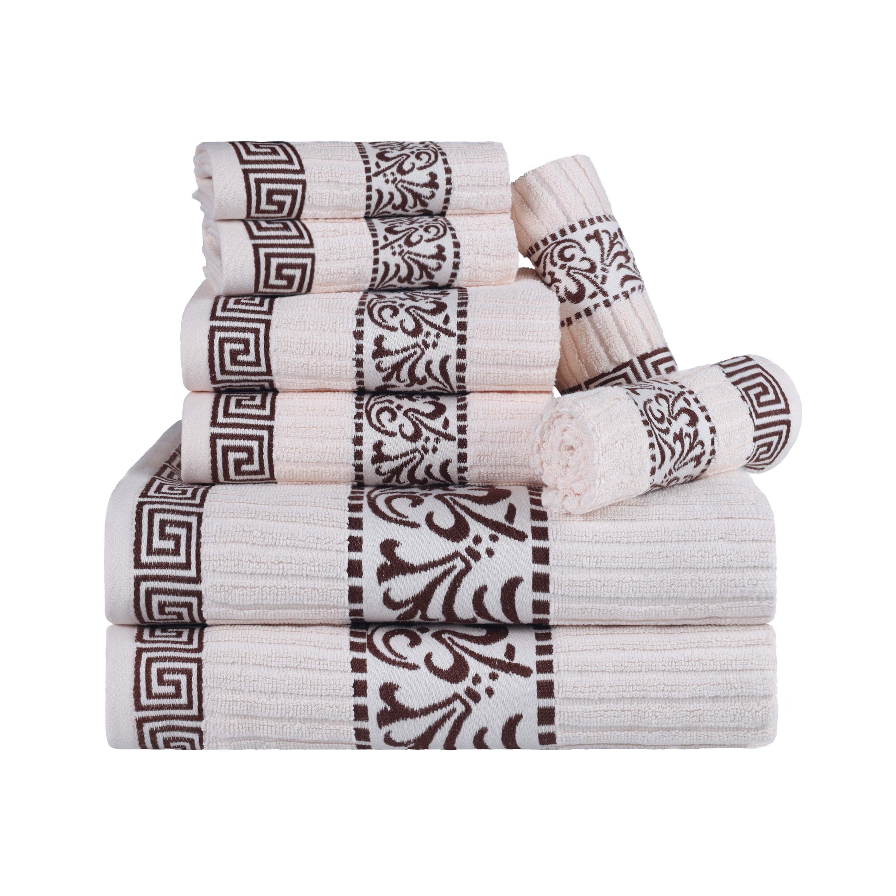 Athens Cotton 8-Piece Towel Set with Greek Scroll & Floral Design - Luxury Bath Towels for Spa, Hotel, and Home Decor