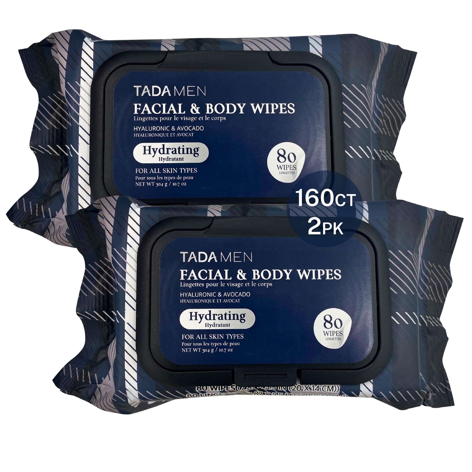TADA Men's No Rinse Face & Body Cleansing Wipes - Green Tea & Hyaluronic Acid Infused (2 Pack Avocado) - Perfect for Gym, Running, Outdoor Activities & Travel