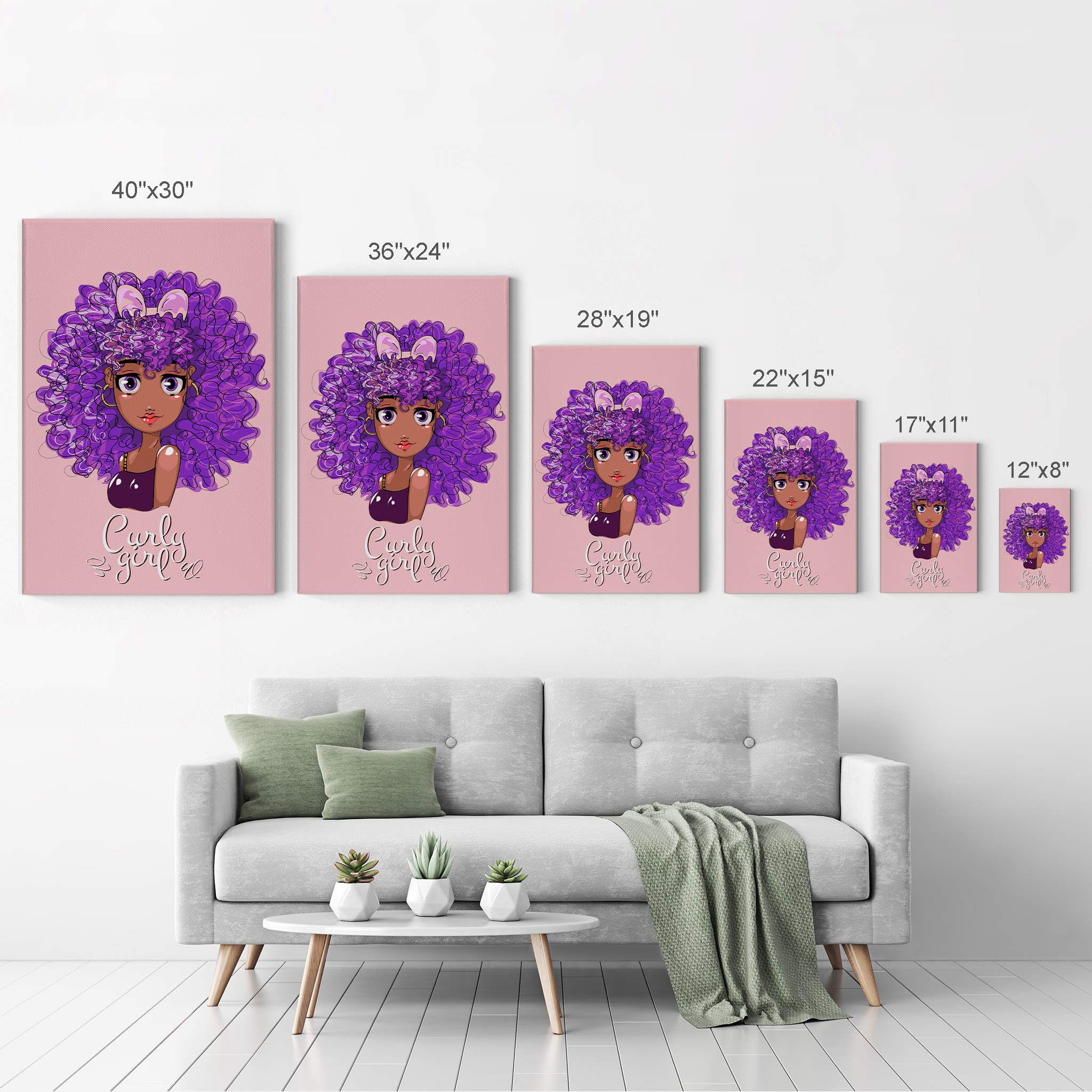 SmileArtDesign Curly Girl African American Kid Canvas Print - Purple Haired Afro Wall Art for Nursery, Kids Room & Home Decor (36x24 Inch, Pink Background, Ready to Hang) - Perfect for Black Girl Empowerment & Children's Bedroom Decor