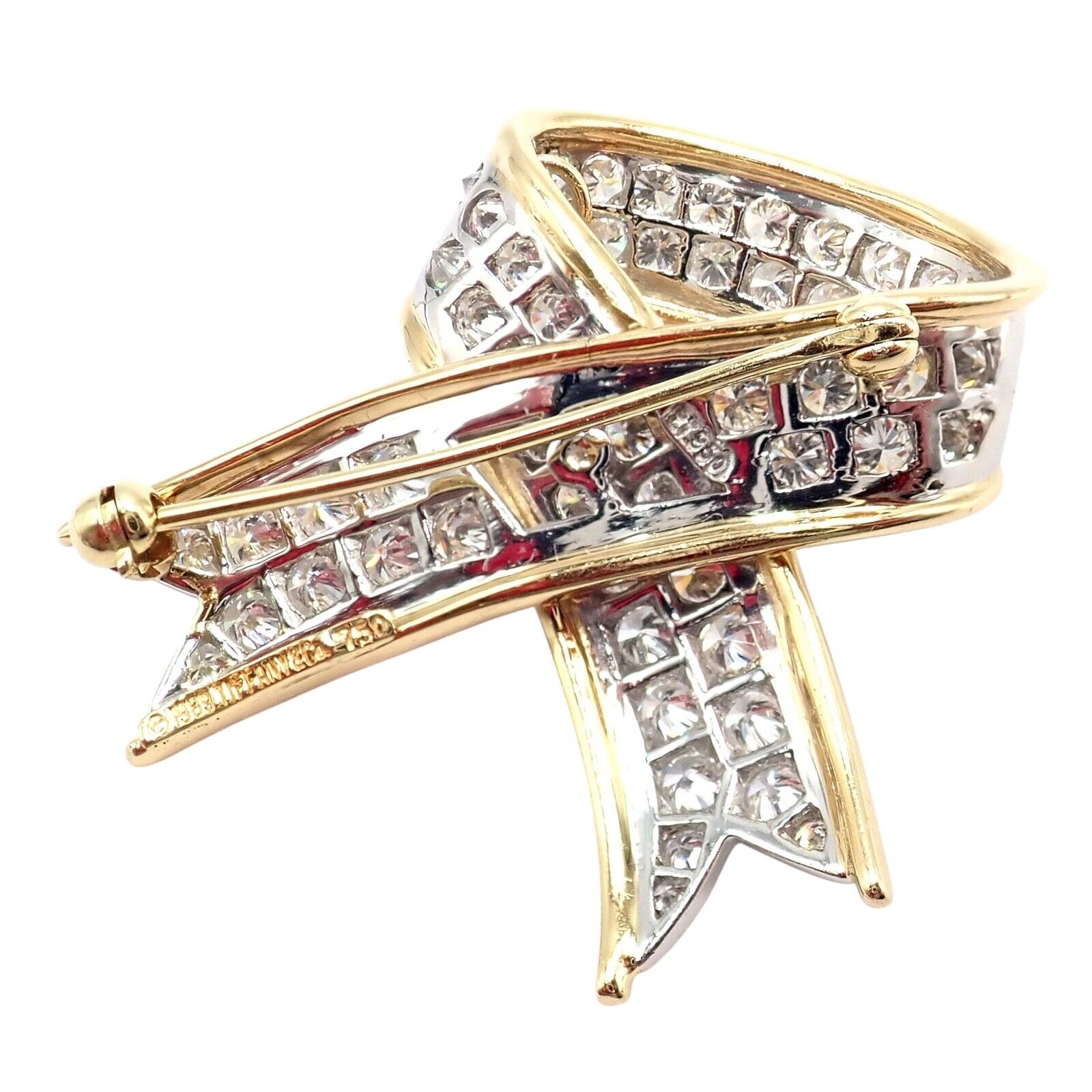 Vintage Tiffany & Co 18k Yellow Gold Platinum Diamond Ribbon Bow Pin Brooch - Elegant Jewelry for Women, Perfect for Weddings, Parties & Special Occasions