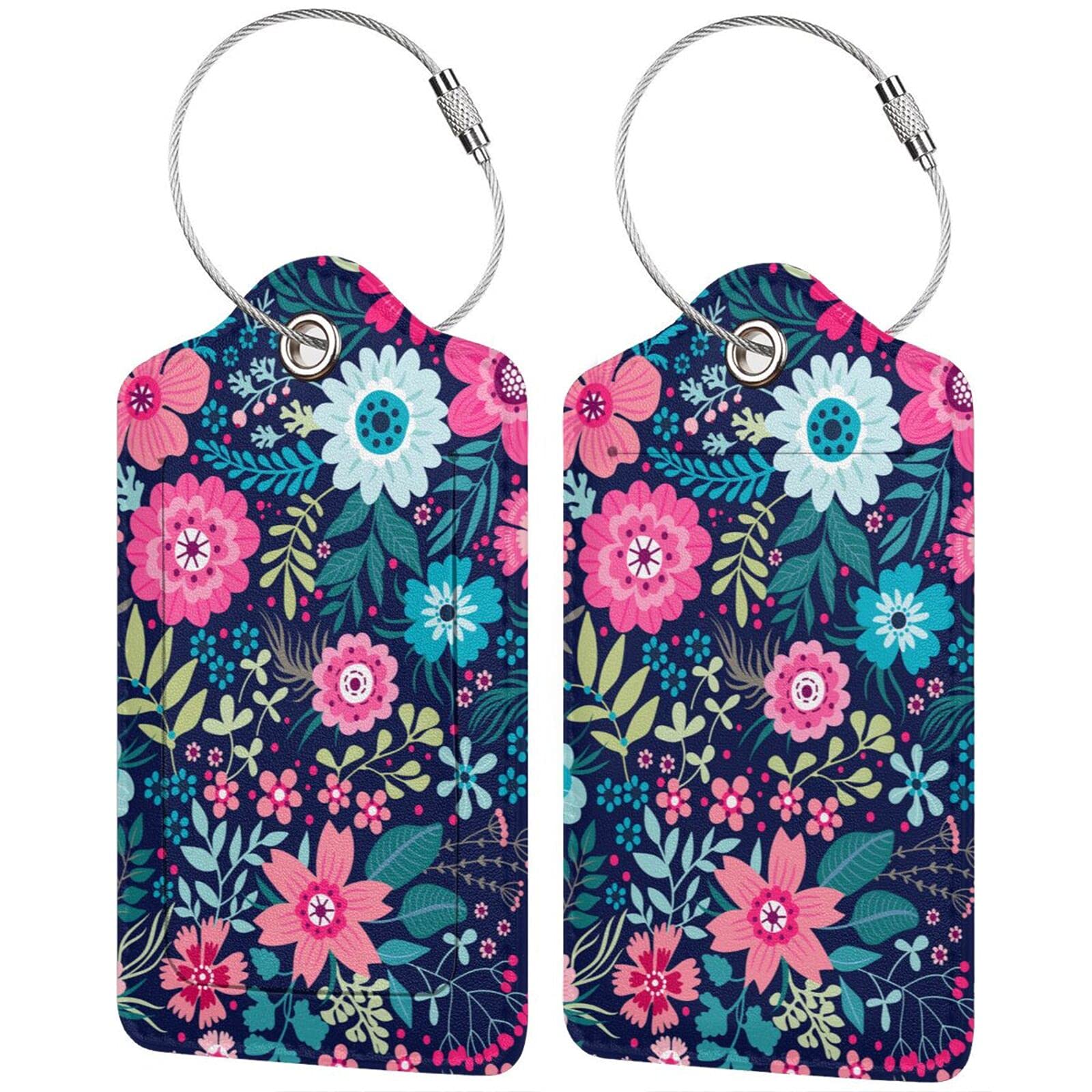 2 Pack Tropical Flower Luggage Tags with Privacy Cover, Stainless Steel Loop & Address Card - Durable ID Labels for Suitcases, Travel Bags & Backpacks | Perfect for Airports, Cruises & Business Trips