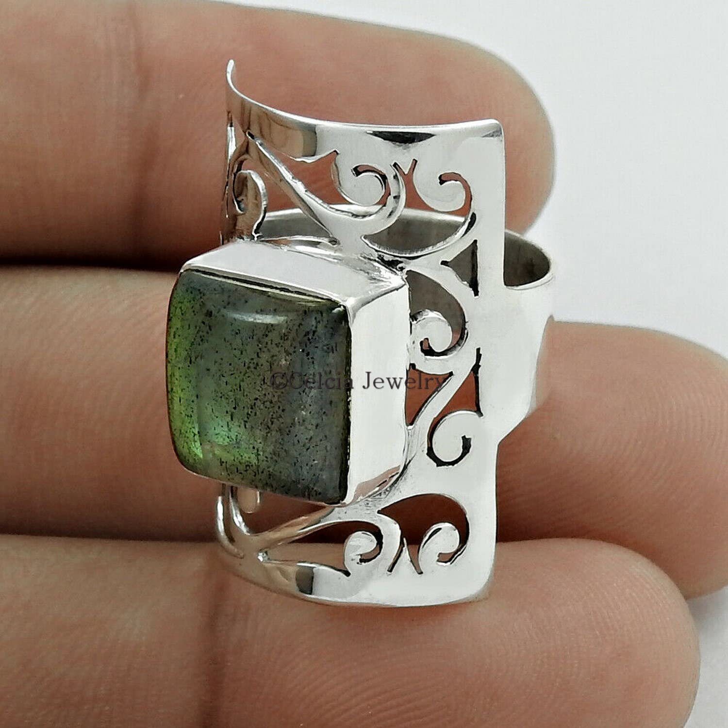 Natural Labradorite Gemstone Ring for Women – Elegant Square Statement Band, Unique Gift for Mom, Anniversary, or Promise – Anxiety Relief Jewelry – Perfect for Daily Wear, Special Occasions & Stress Relief (7, Labradorite)