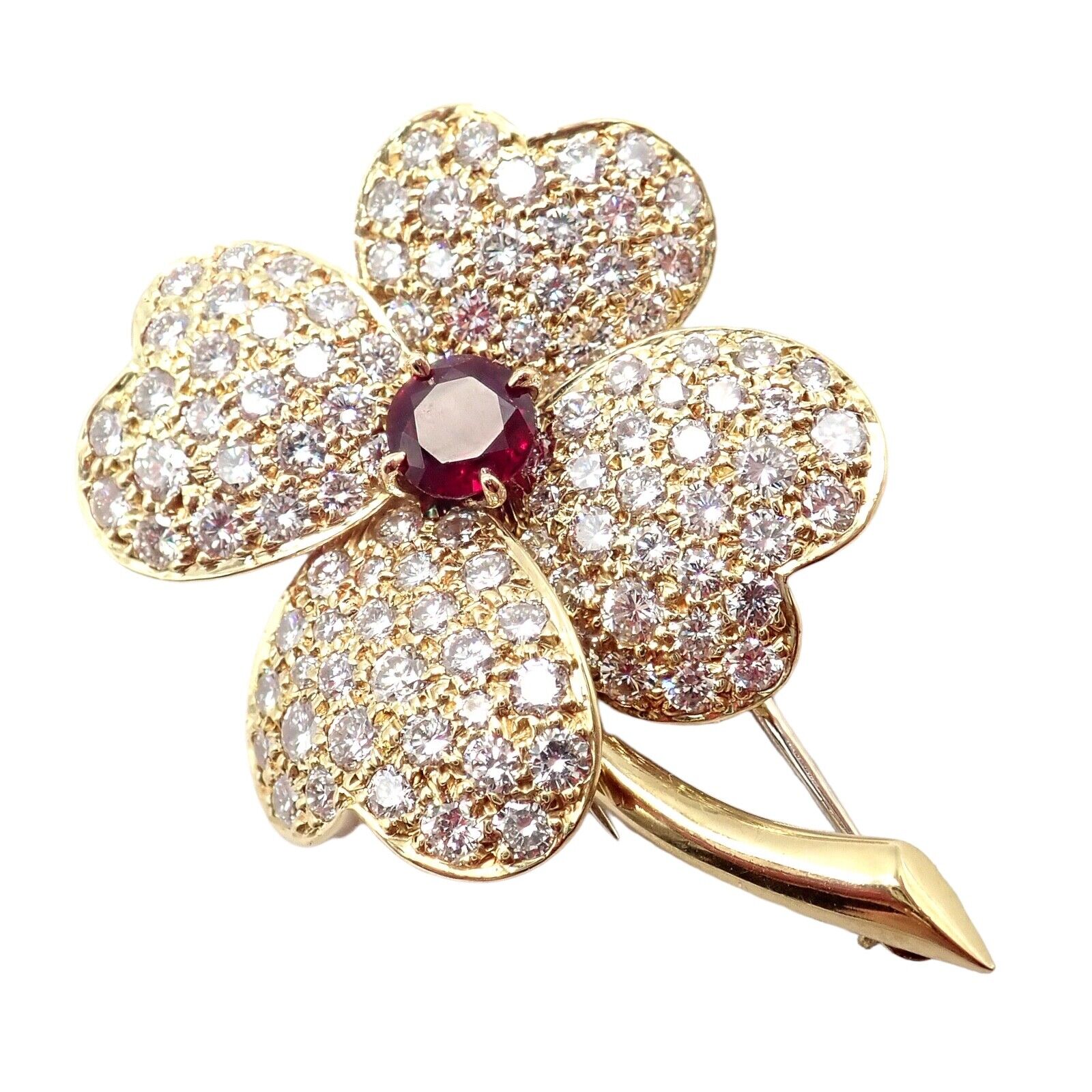 Vintage Van Cleef & Arpels Cosmos 18k Yellow Gold Diamond Ruby Brooch Pendant - Luxury Jewelry for Special Occasions & Gift Giving