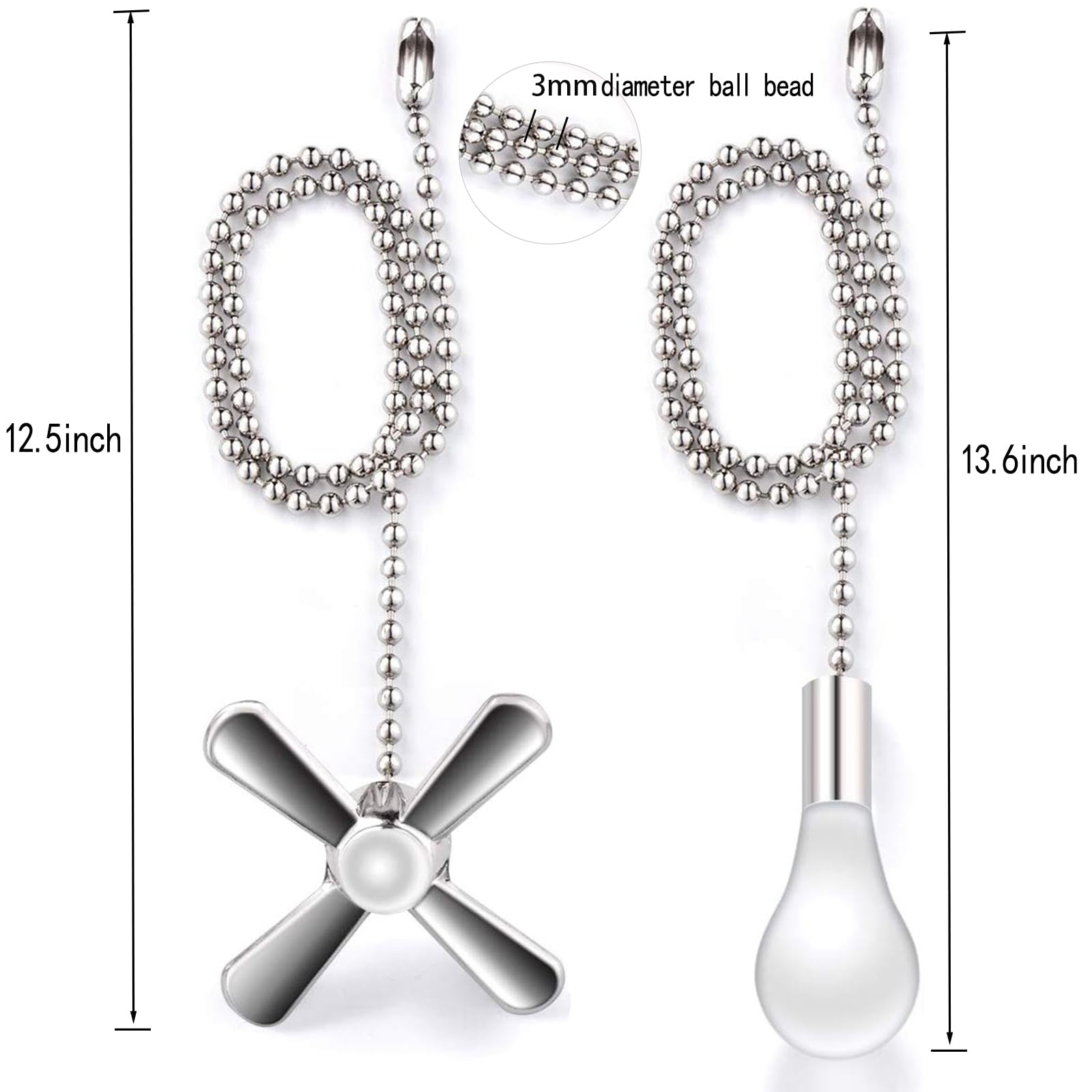 2PCS Decorative Ceiling Fan Pull Chain Extension - 12 Inches Silver Beaded Ball Chain (3mm Diameter) - Perfect for Bedroom, Living Room & Office Light Fixtures