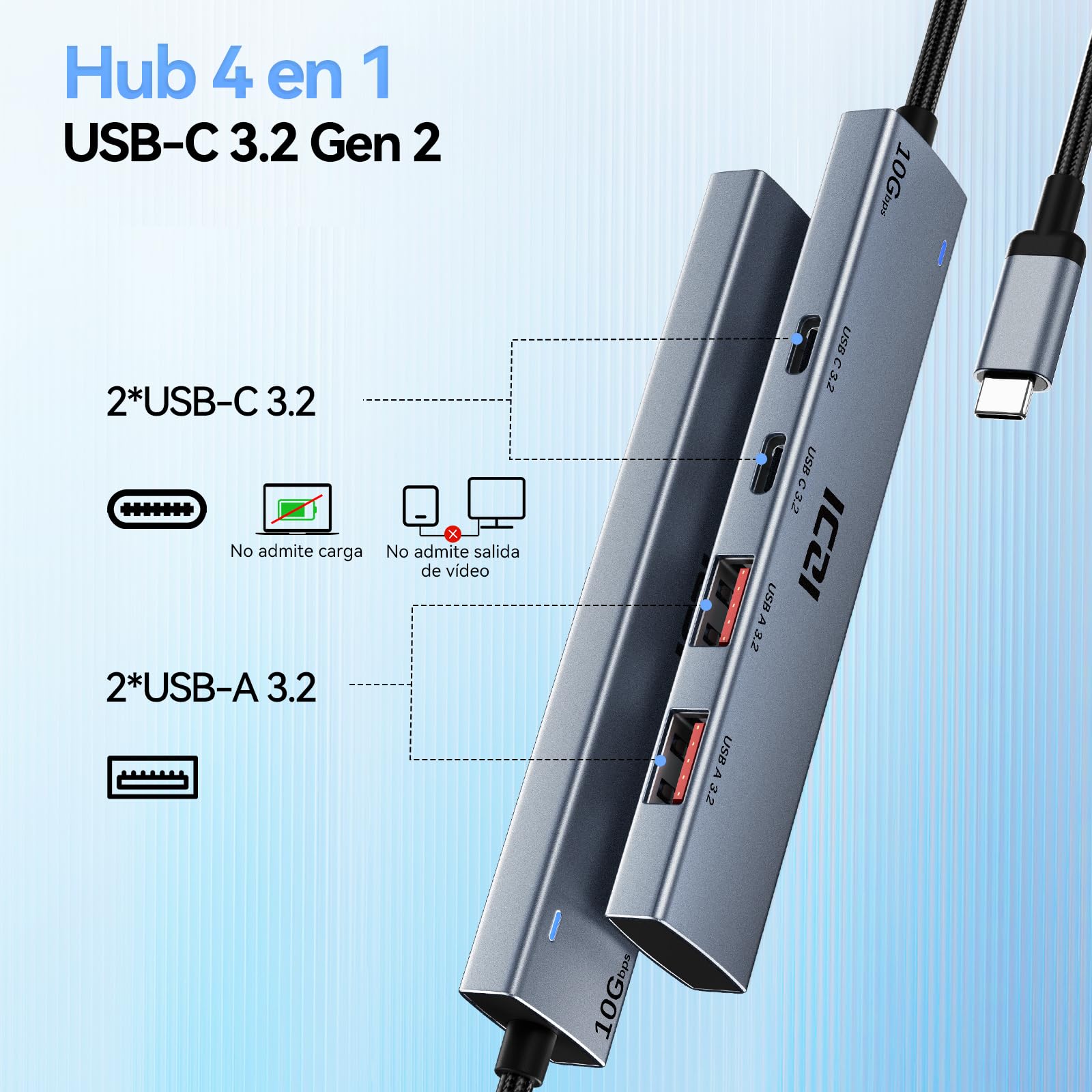 ICZI 10Gbps USB C Hub - Aluminum USB C Splitter with 2 USB-C & 2 USB-A 3.2 Ports - USB C to USB A Adapter for MacBook, Laptop, Phone, Tablet, Hard Drive, Keyboard & Mouse - Perfect for Home Office, Gaming & Travel (No Charging/Monitor Support)