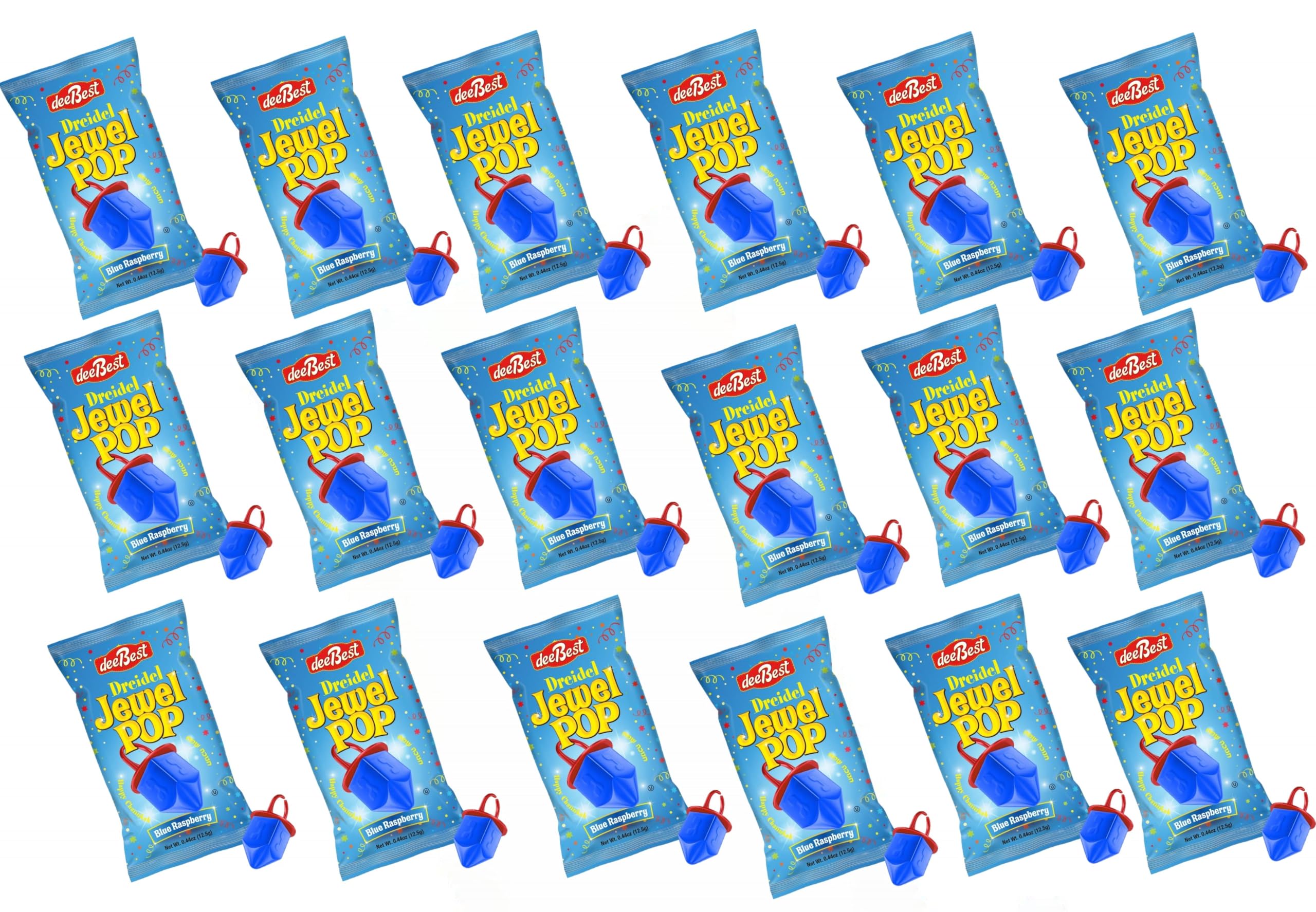 Blue Raspberry Hanukkah Dreidels Jewel Pop Ring Shape Candy - 18 Count Individually Wrapped Kosher Treats for Kids, Hanukah Party Favors, Chanukah Gift Bags & Holiday Decorations - Perfect for Classroom Celebrations, Jewish Festivals and Holiday Gift Exchanges