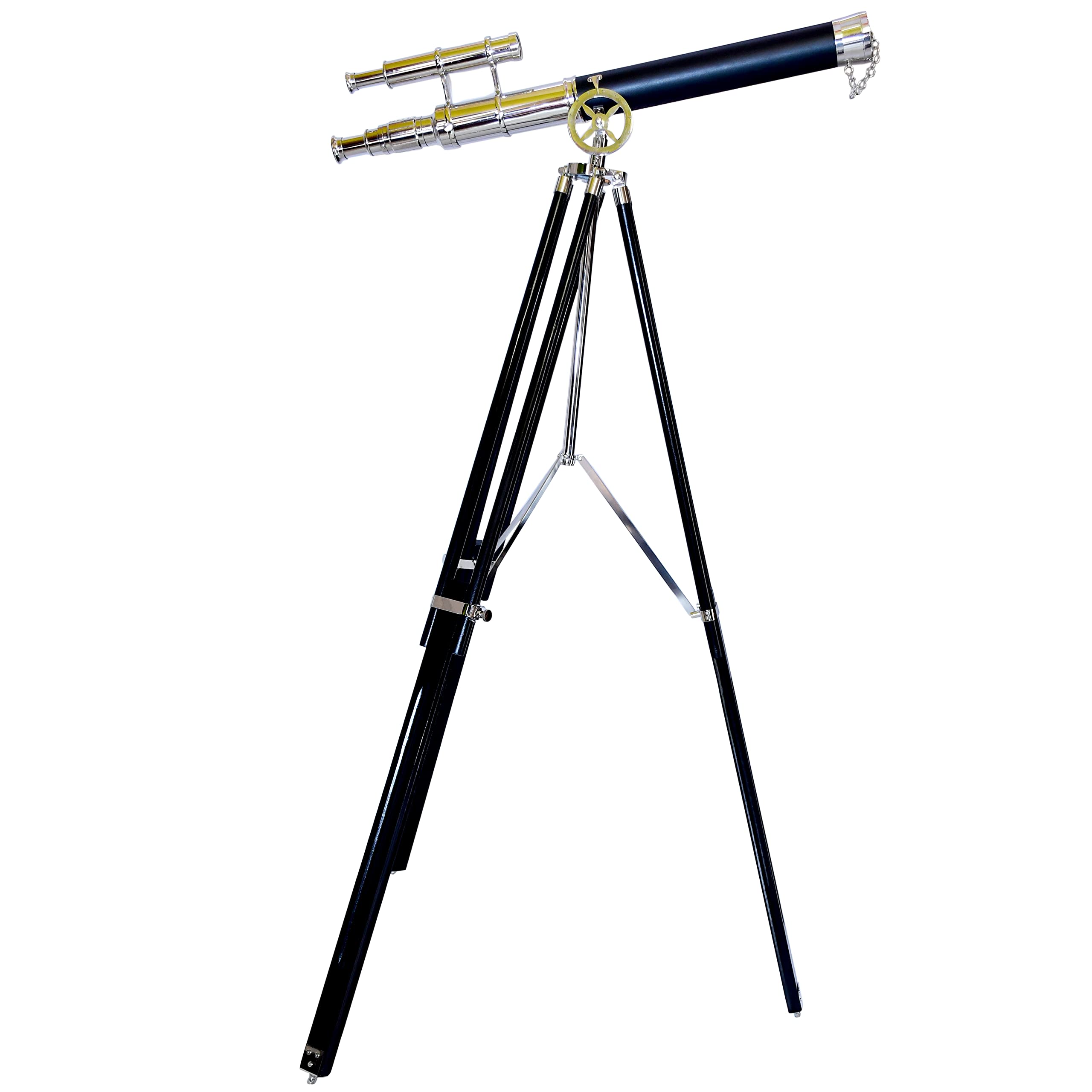 Nautical Brass Nickel Double Barrel Telescope with Black Wooden Tripod - Brass Floor Standing Telescope for Stargazing & Marine Navigation | NAVIROCK