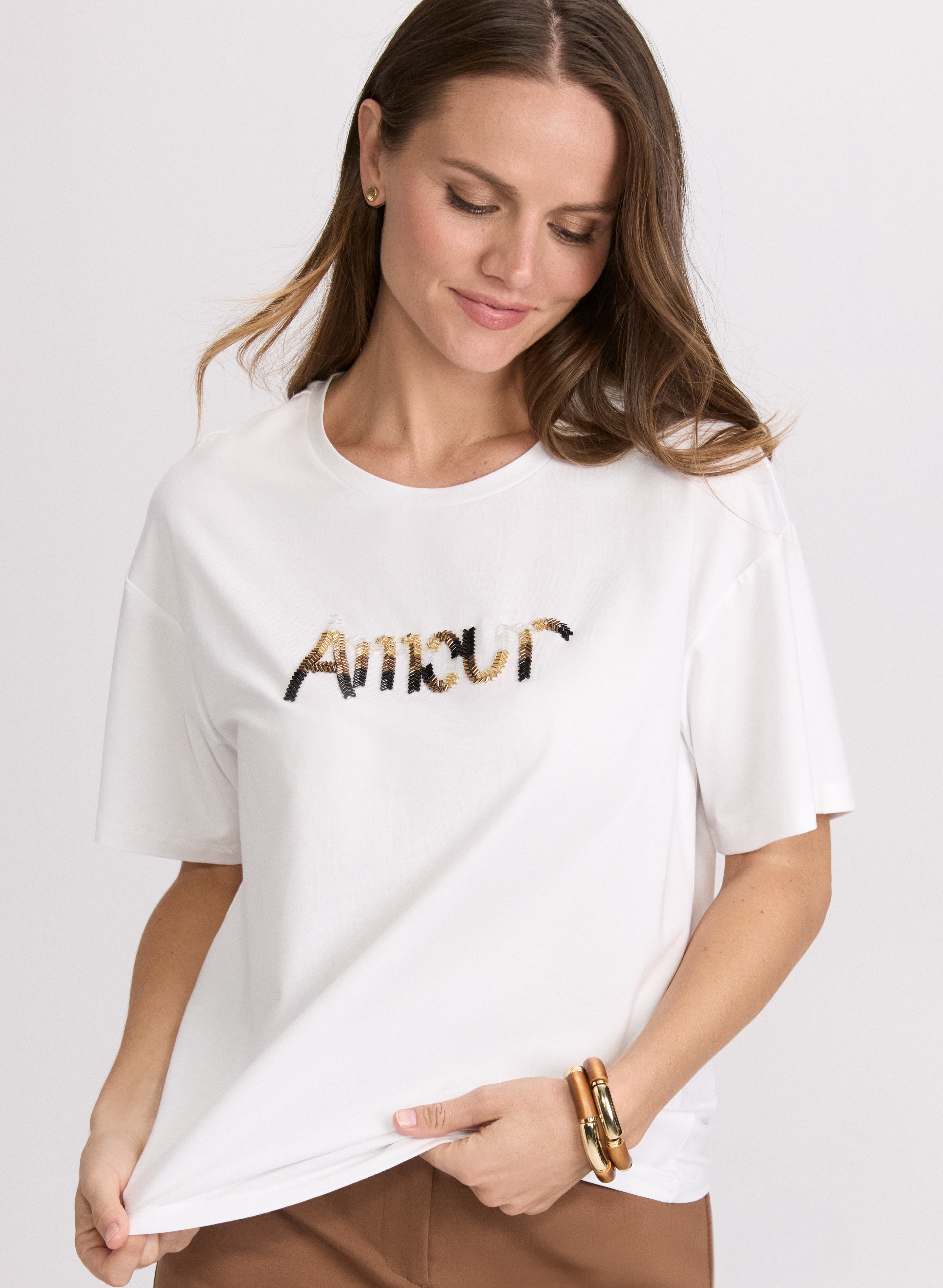Embellished Script T-Shirt for Women - Stylish & Comfortable Casual Tee for Everyday Wear | Perfect for Outfits, Layering & Street Fashion