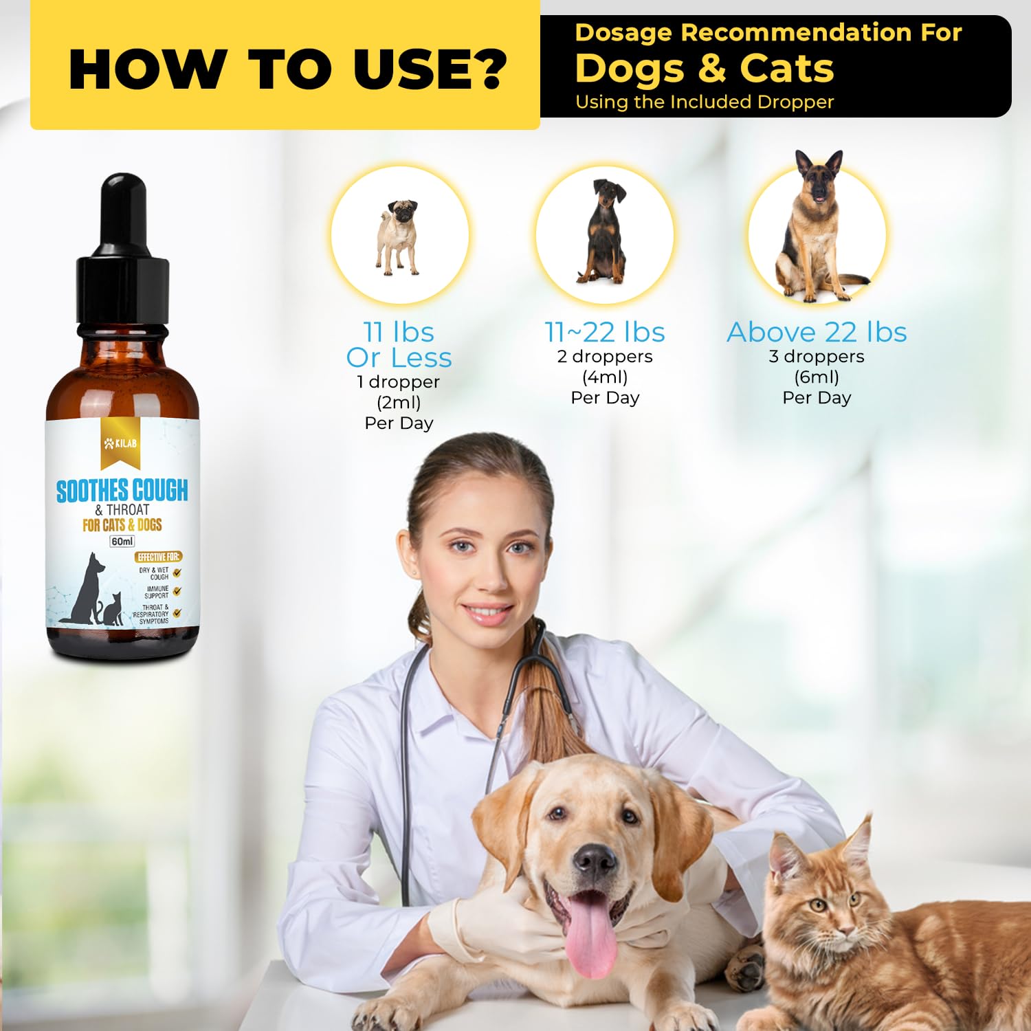 Natural Cat & Dog Cough Relief Medicine | Kilab Respiratory Support for Sneezing, Kennel Cough, Trachea Collapse & Pet Asthma | Herbal Remedy for Dogs & Cats (60ml) | Ideal for Travel, Boarding & Seasonal Allergies