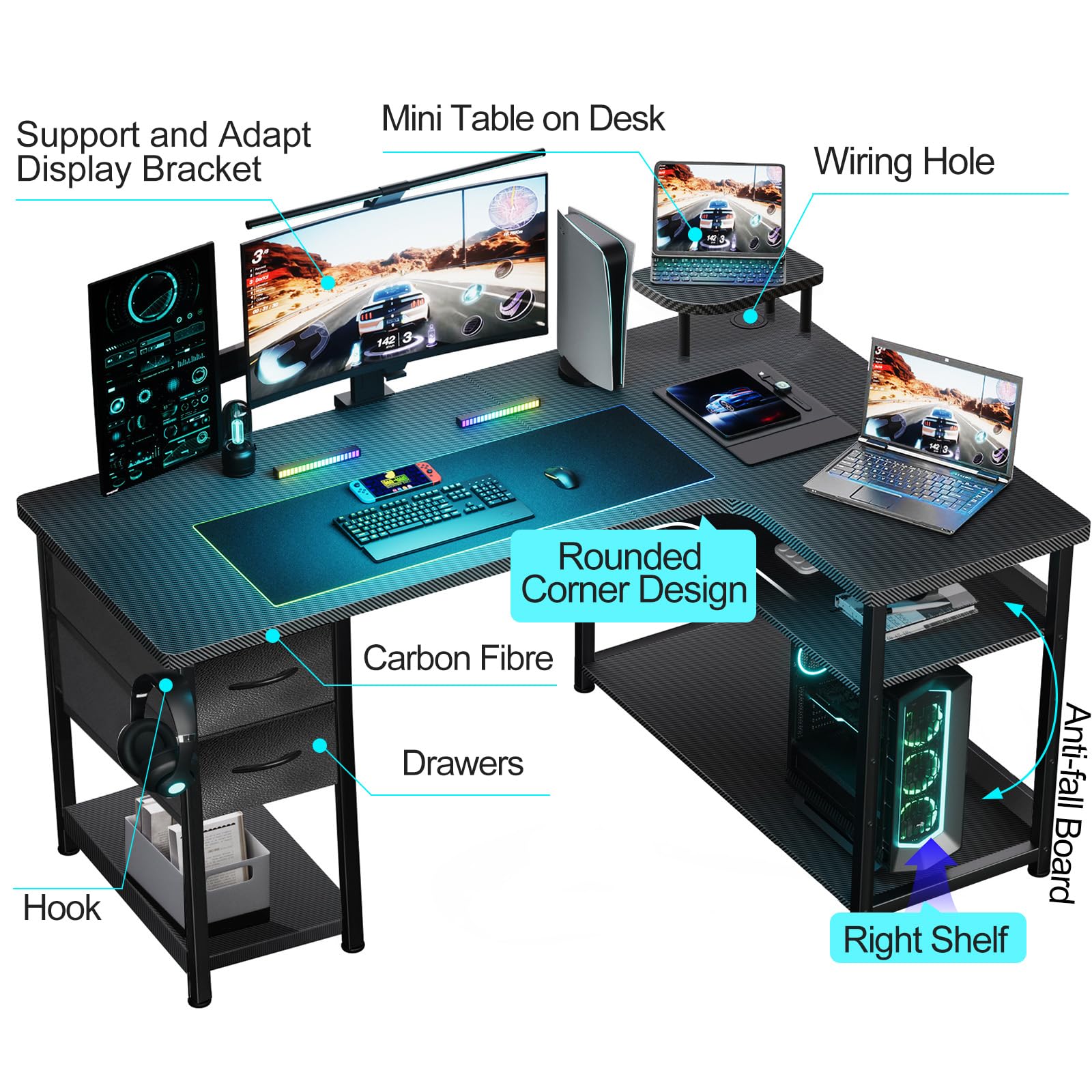 GTRACING L-Shaped Gaming Desk with Drawers - Carbon Fiber Style for Home Office & PC Setup