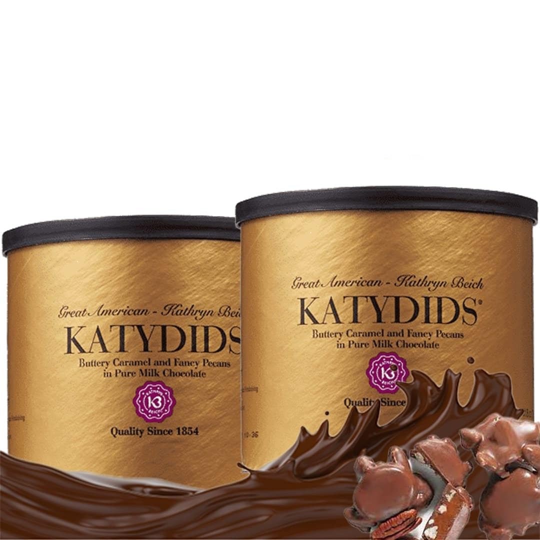 Katydids Candy 2 Tins – Kathryn Beich Milk Chocolate Caramel Pecan Clusters (8 oz Each) – Premium Turtles Chocolate Candy with Soft Caramel & Whole Pecans in Elegant Gold Tins – Perfect for Gifts, Parties & Holiday Treats