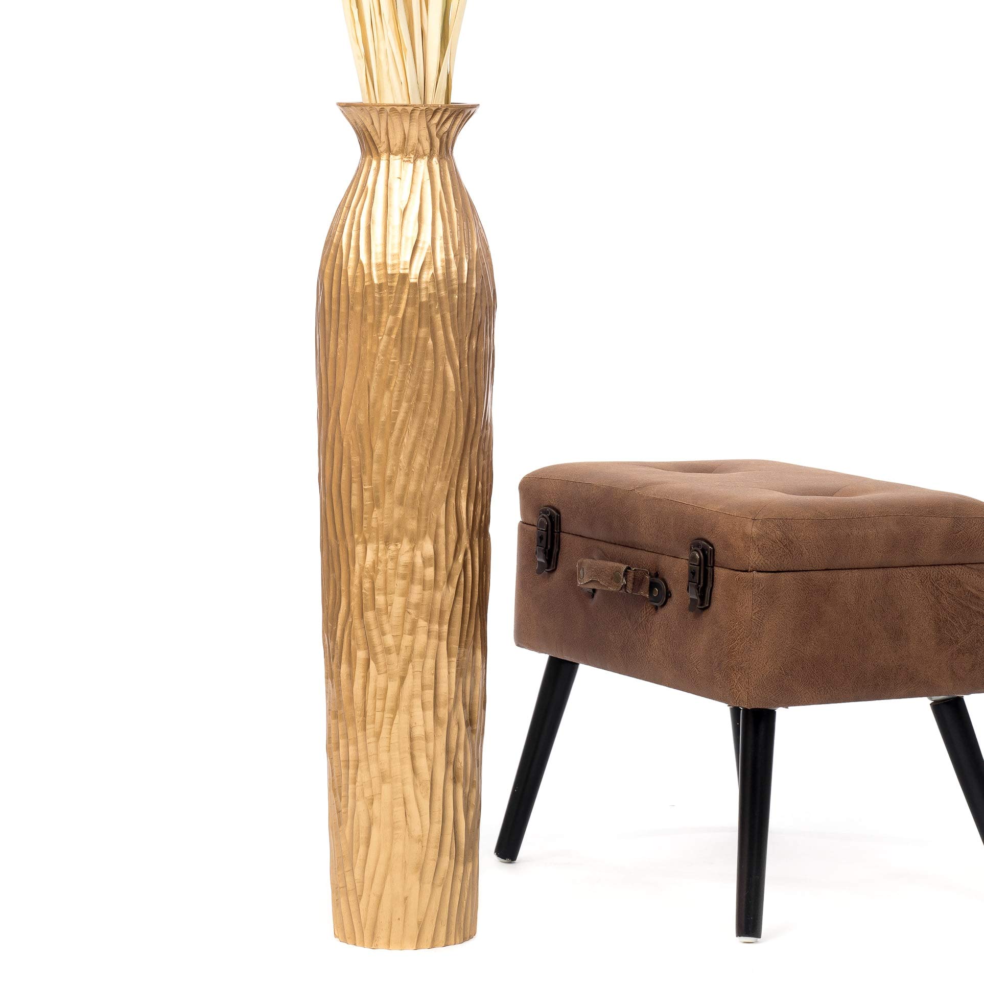 LEEWADEE Large 36-inch Wooden Floor Vase - Handmade Golden Flower Holder for Decorative Branches & Dried Flowers - Elegant Home Decor for Living Room, Entryway or Office