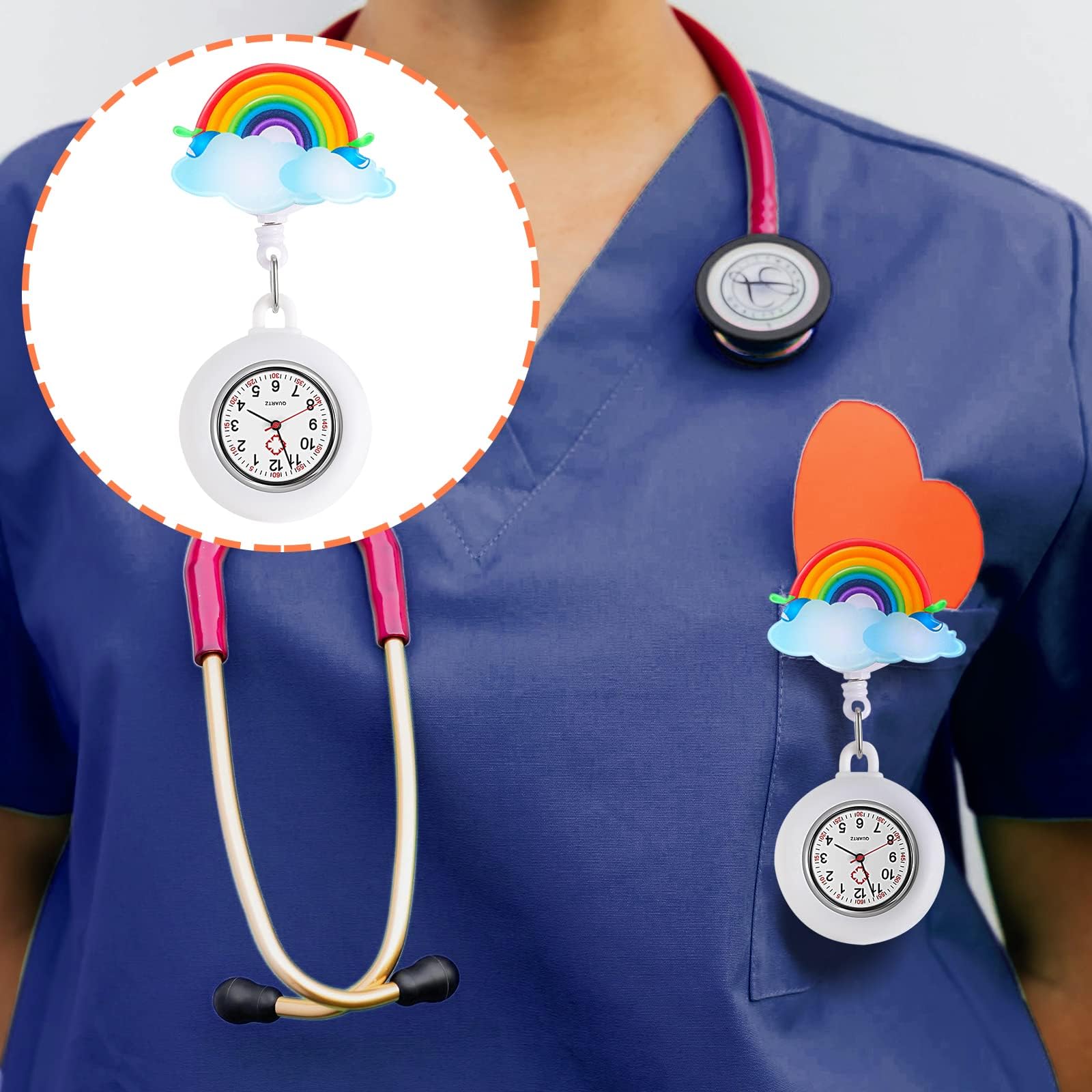 2PCS Rainbow Nurse Fob Watch - Silicone Clip-On Retractable Nursing Watch for Women, Doctors & Medical Professionals | Waterproof, Easy-to-Read with Second Hand | Perfect for Hospital Shifts, Clinical Work & Healthcare Settings