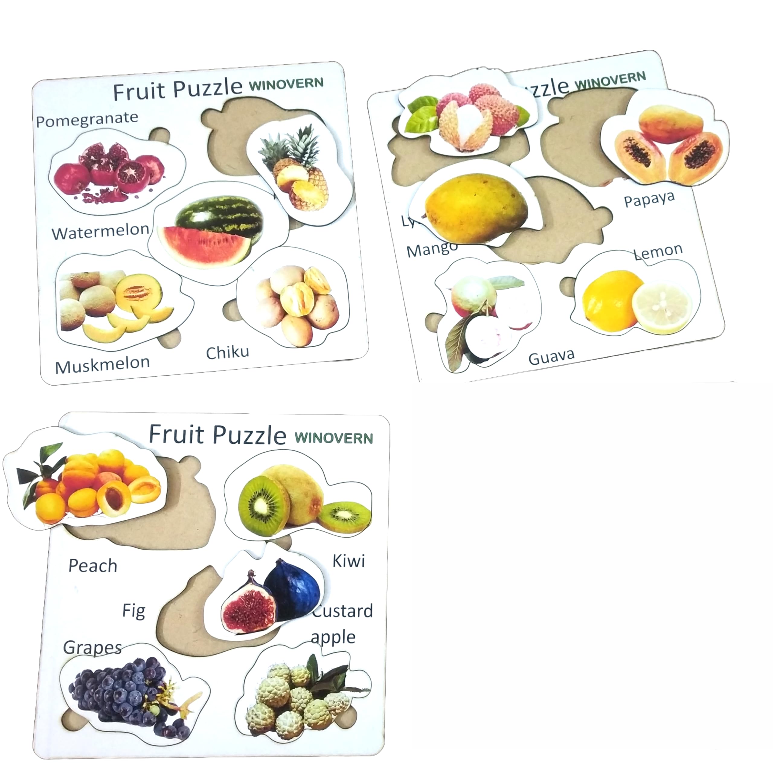 WINOVERN Wooden Fruit Puzzle Set - 15 Piece Educational Toy for Kids Ages 2-5 | Montessori Learning Gift | Perfect for Preschool Classroom, Daycare & Home Playtime (Pack of 3)