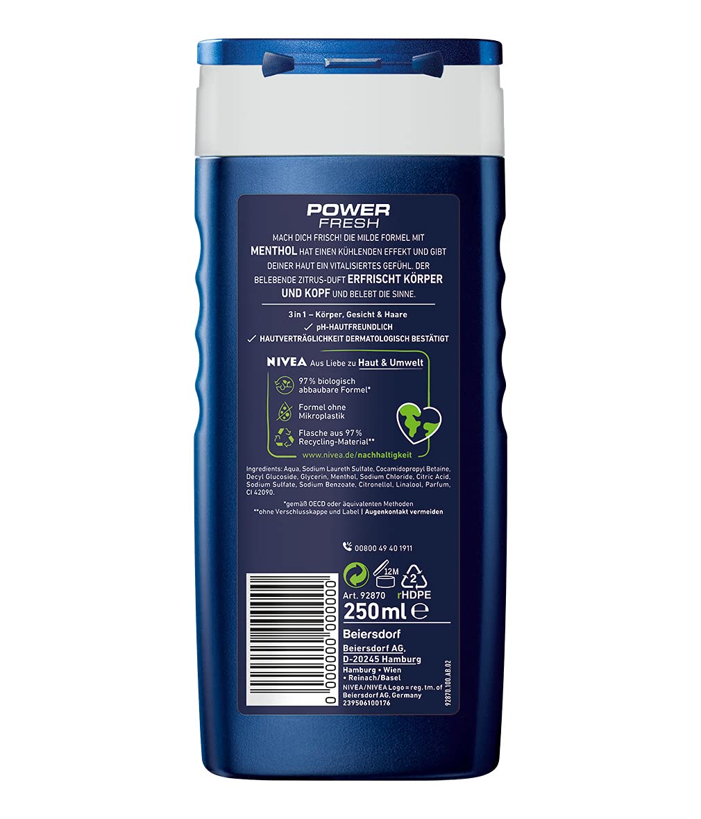 Nivea Men Power Fresh Shower Gel - 250ml | Refreshing & Invigorating Body Wash for Men | Perfect for Post-Workout & Morning Shower Routine