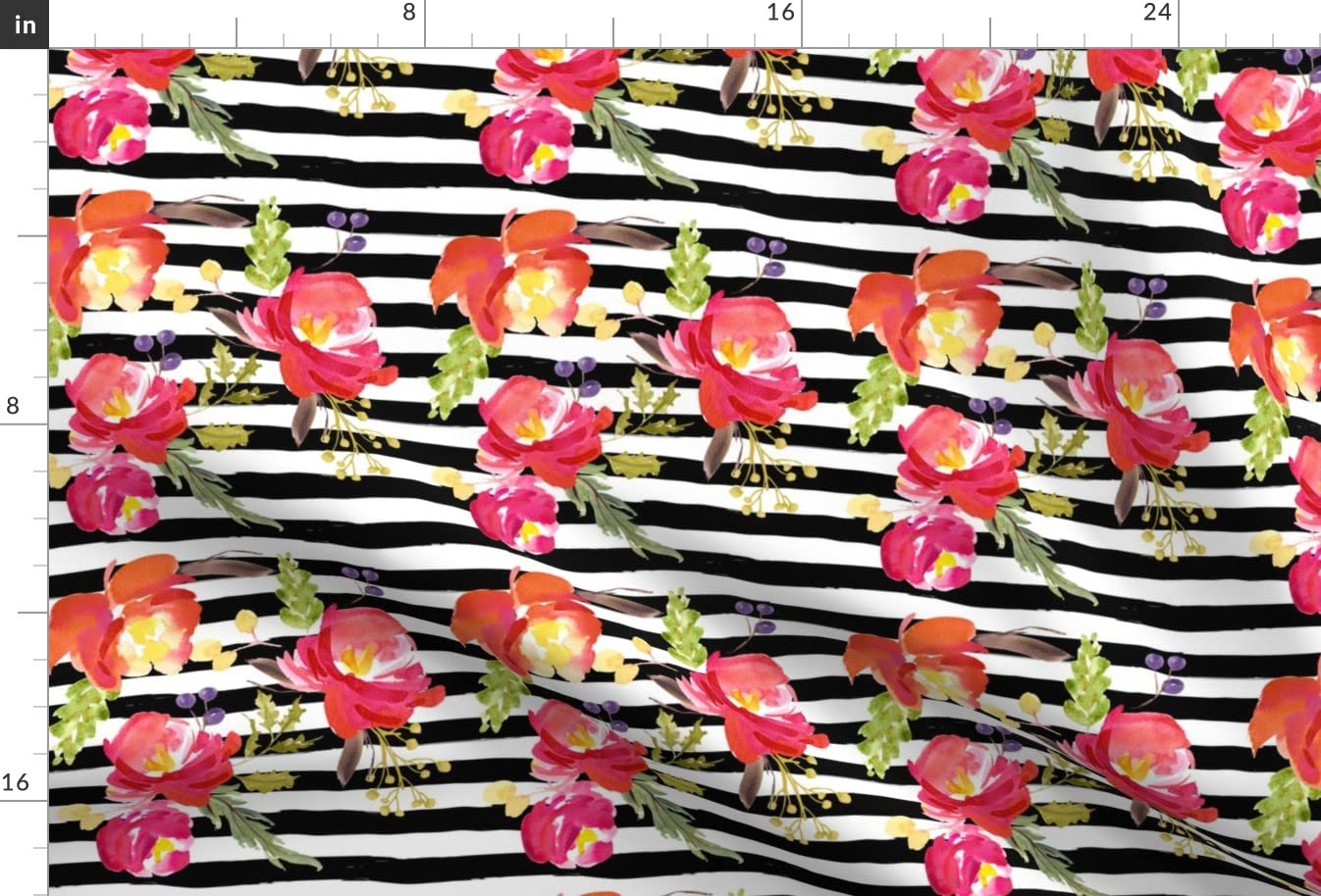 Premium Spoonflower Fabric - Black & White Stripes with Floral Pink Flowers - Printed on Soft Minky Fabric - Fat Quarter Cut - Perfect for Sewing Baby Blankets, Quilt Backing, Plush Toys & Wedding Decorations