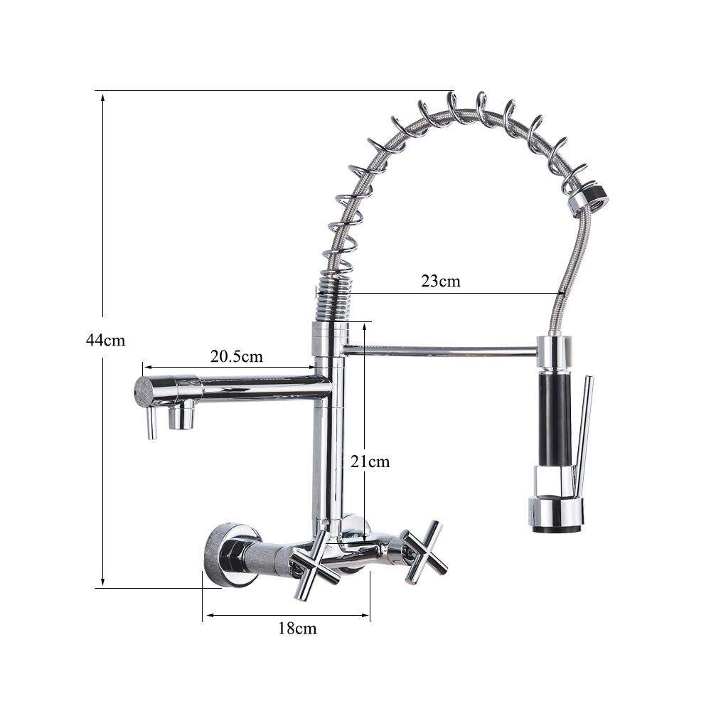 Wall Mount Spring Basin Kitchen Faucet - Pull Down Sprayer with Hot & Cold Water Mixer - Dual Handle Swivel Spout Sink Tap for Modern Kitchens & Bathroom Vanities