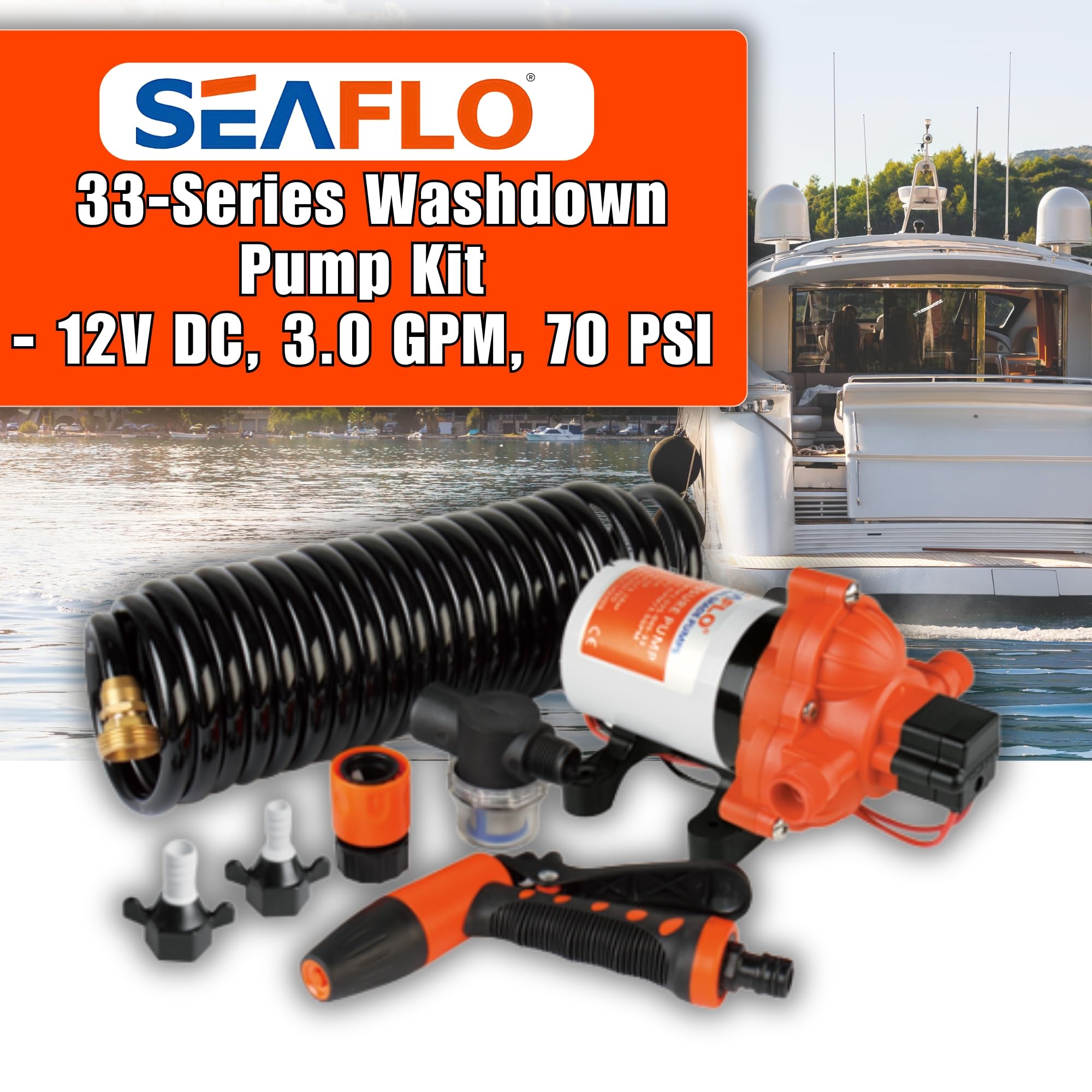SEAFLO 33 Series Heavy Duty 12V DC Washdown Deck Wash Pump Kit - 3.0 GPM, 70 PSI with Pressure Switch for RV, Boat, Marine & Yacht | Freshwater & Saltwater Applications | Perfect for Deck Cleaning, Bilge Pumping & Water Transfer | 4-Year Warranty