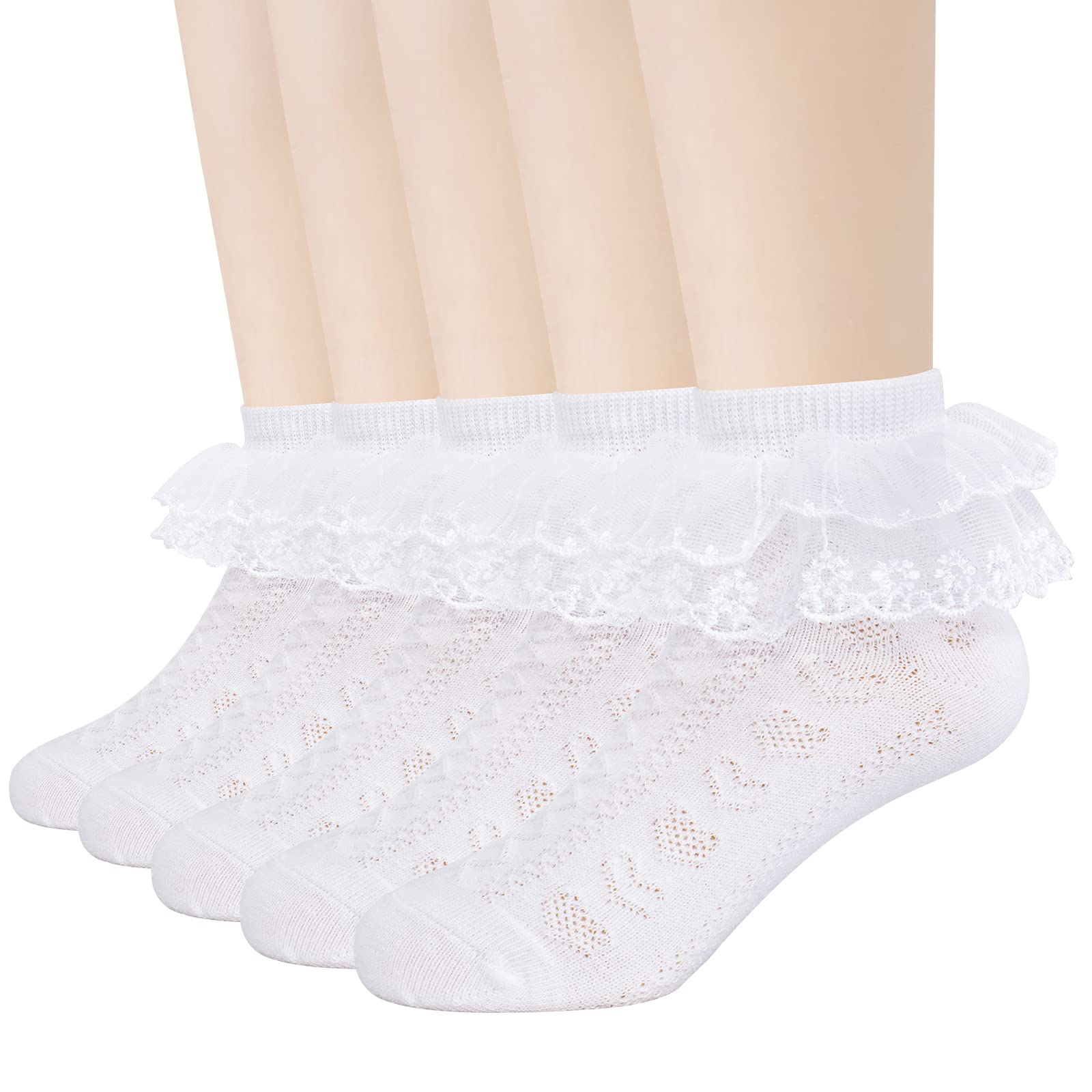 5 Pairs Toddler Baby Girls Ruffle Lace Socks - Eyelet Mesh Cotton Frilly Ankle Soft Dress Socks for Kids 2-13T - Perfect for Princess Costumes, Parties & Special Occasions