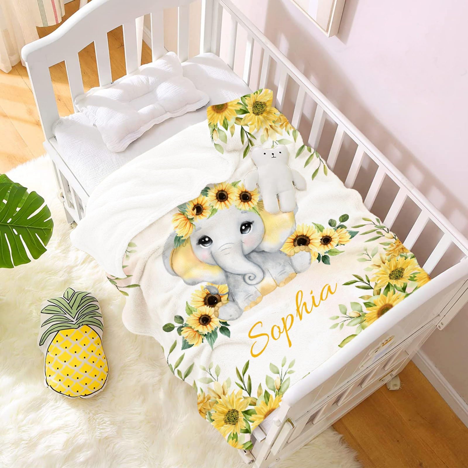 Personalized Baby Blanket with Name - Custom Sunflower Elephant Fleece Throw for Boys & Girls - Soft Cozy Plush Quilt for Nursery, Crib & Family Gifts - Perfect for Baby Showers, Birthdays & Newborn Photos