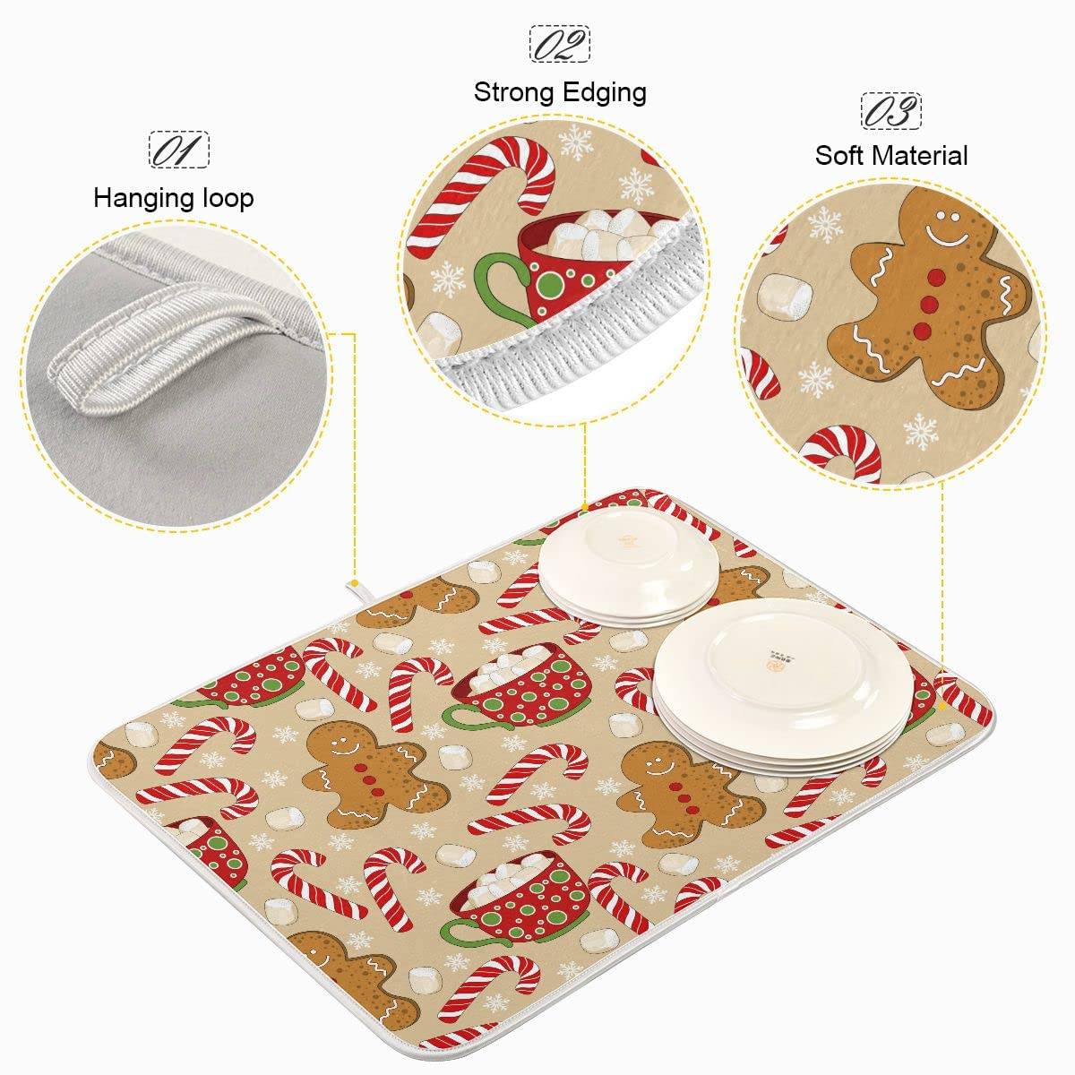 Christmas Gingerbread Man Candy Cane Dish Drying Mat - Absorbent Reversible Microfiber Kitchen Mat for Winter & Xmas Decor (16x18 Inch) - Perfect for Holiday Dish Drying, Counter Protection & Festive Kitchen Decor