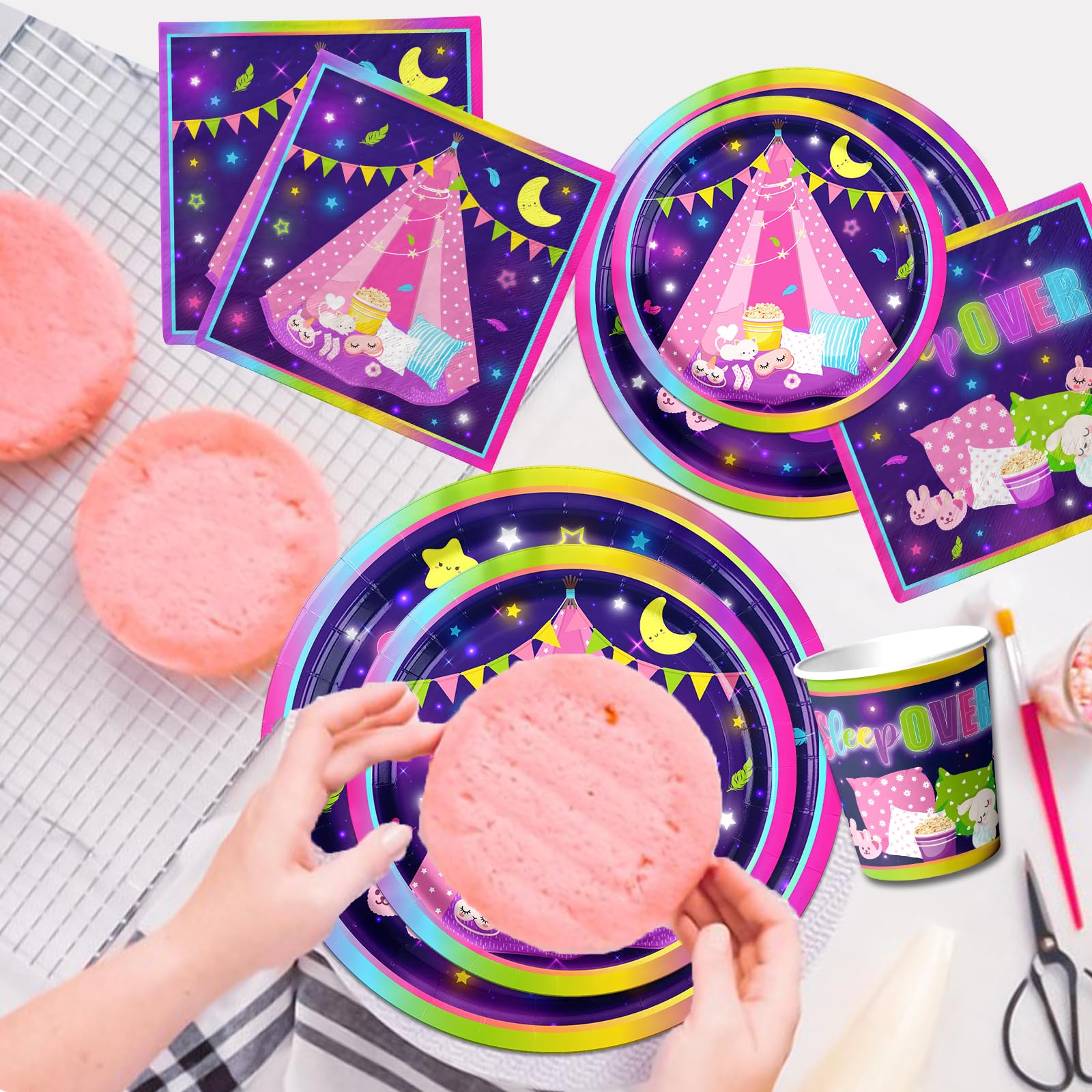 142pcs Slumber Party Decorations Kit - Disposable Plates, Napkins & Plastic Tablecloth for Girls' Sleepover & Pajama Party | Perfect for Birthday Parties, Tent Camping Nights & Teen Sleepovers