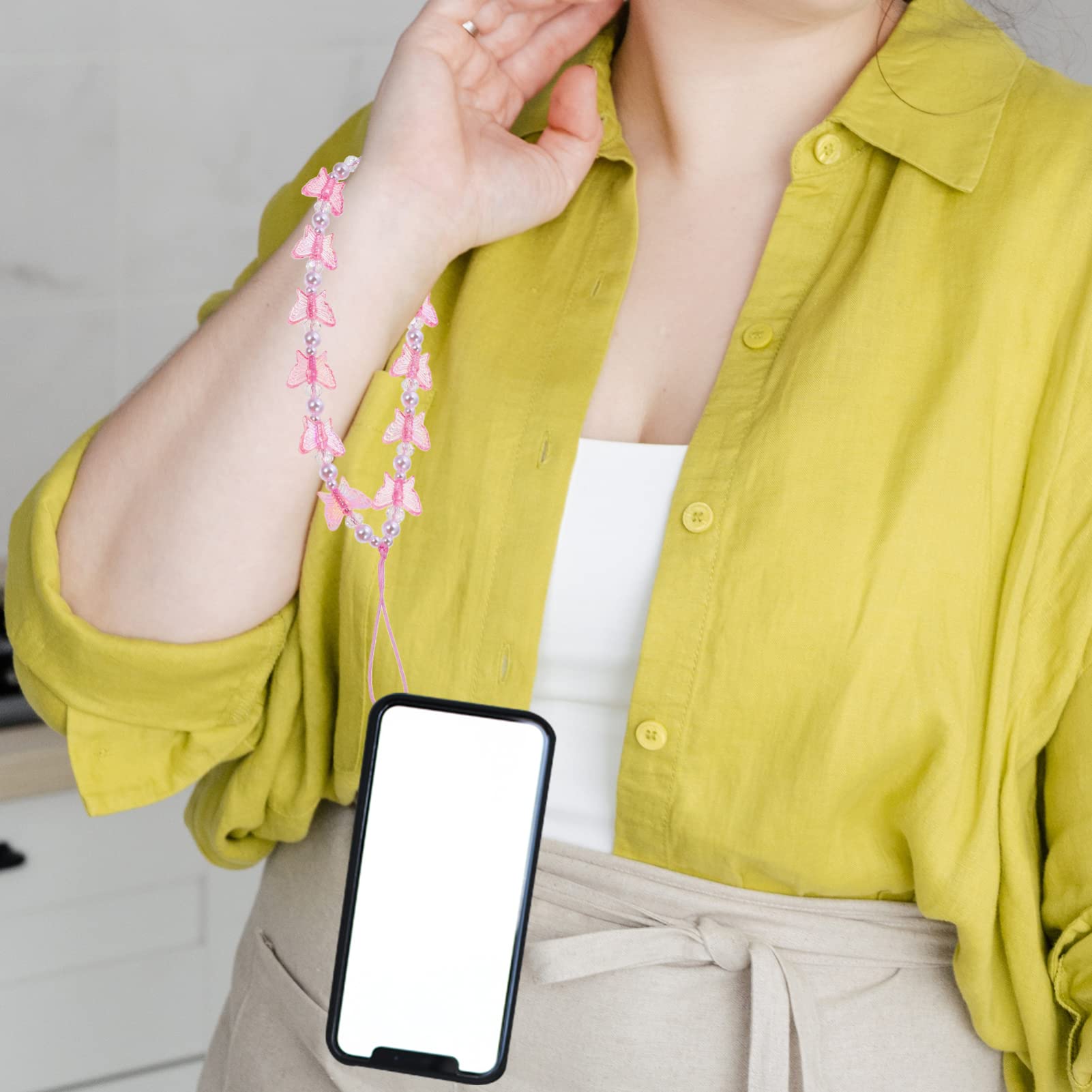 SOIMISS Pink Crystal Butterfly Beaded Phone Lanyard - Adjustable Wrist Strap for Smartphones, Cameras & Flashlights - Stylish Accessory for Women, Teens & Girls (Perfect for Parties, Concerts & Travel)