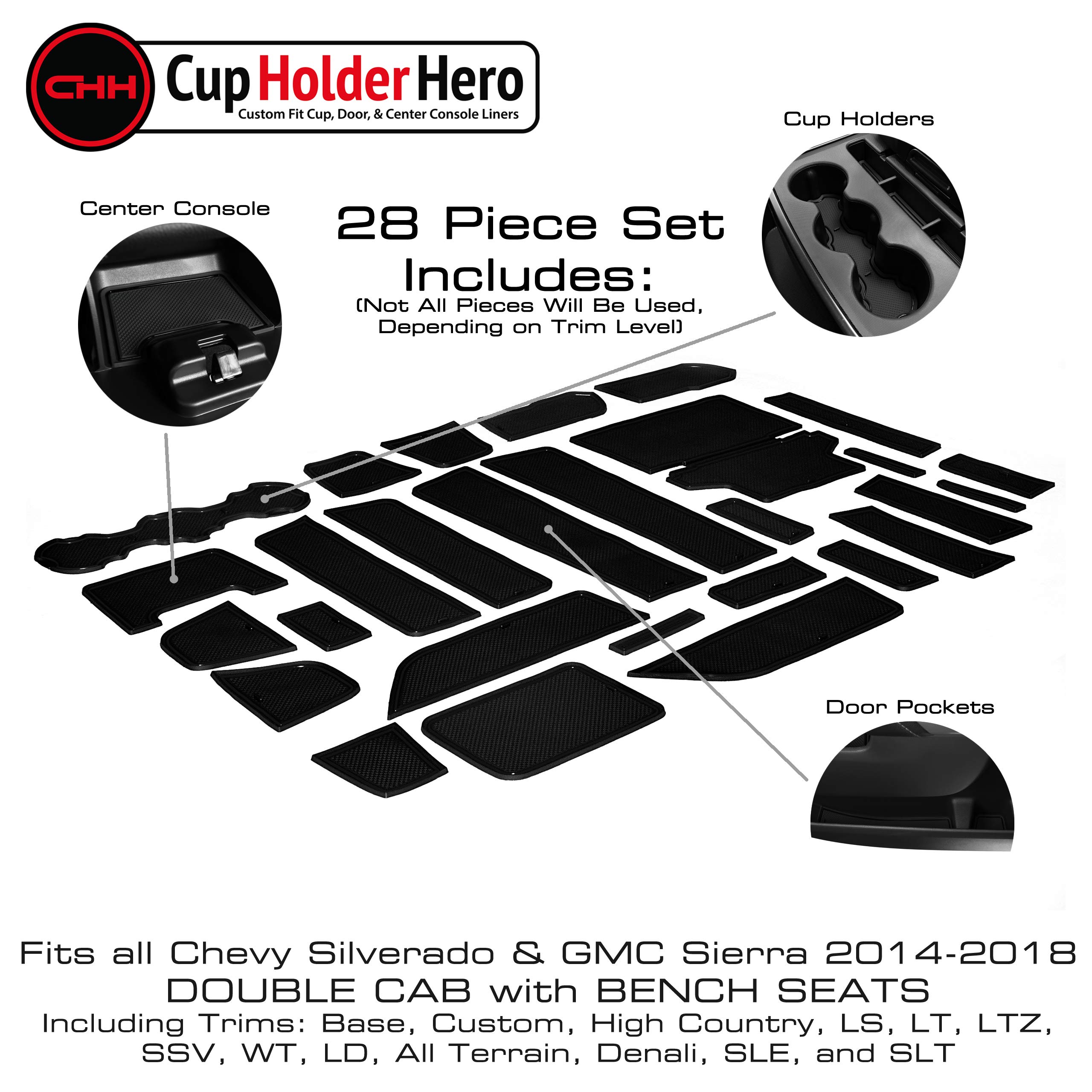 Premium Non-Slip Cup Holder Inserts & Console Liners for Chevy Silverado 1500 & GMC Sierra (2014-2022) - 28pc Anti-Dust Interior Accessories Set for Double Cab with Bench Seats (Solid Black) | Perfect for Road Trips, Commuting & Daily Driving