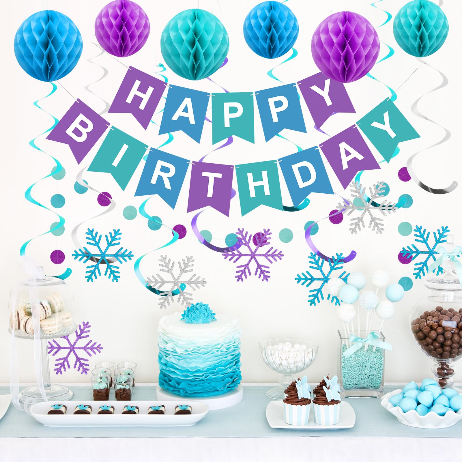 Meowtastic Frozen Birthday Party Decorations Kit - Happy Birthday Banner, Honeycomb Balls, Snowflake Hanging Swirls & Circle Dot Garlands - Winter Themed Birthday Decor for Boys & Girls - Perfect for Frozen Themed Parties, Winter Celebrations & Kids Birthday Decorations