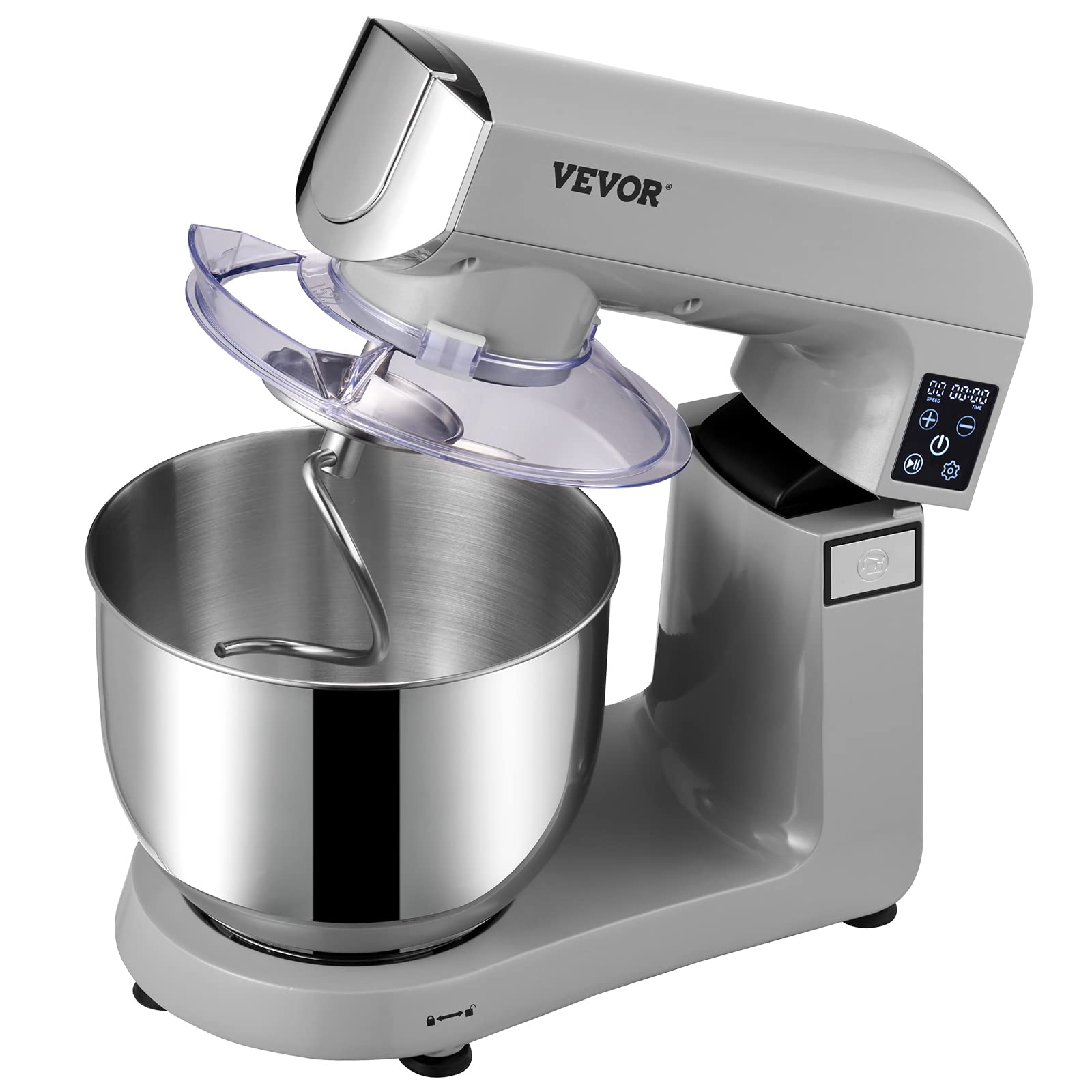 VEVOR 6-in-1 Stand Mixer 450W Tilt-Head Electric Kitchen Mixer with 6 Speeds LCD Timer, 7.4Qt Stainless Steel Bowl - Includes Dough Hook, Flat Beater, Whisk, Scraper, Grinder & Sausage Stuffer - Perfect for Baking, Cooking, Meal Prep & Home Kitchen Use (Gray)