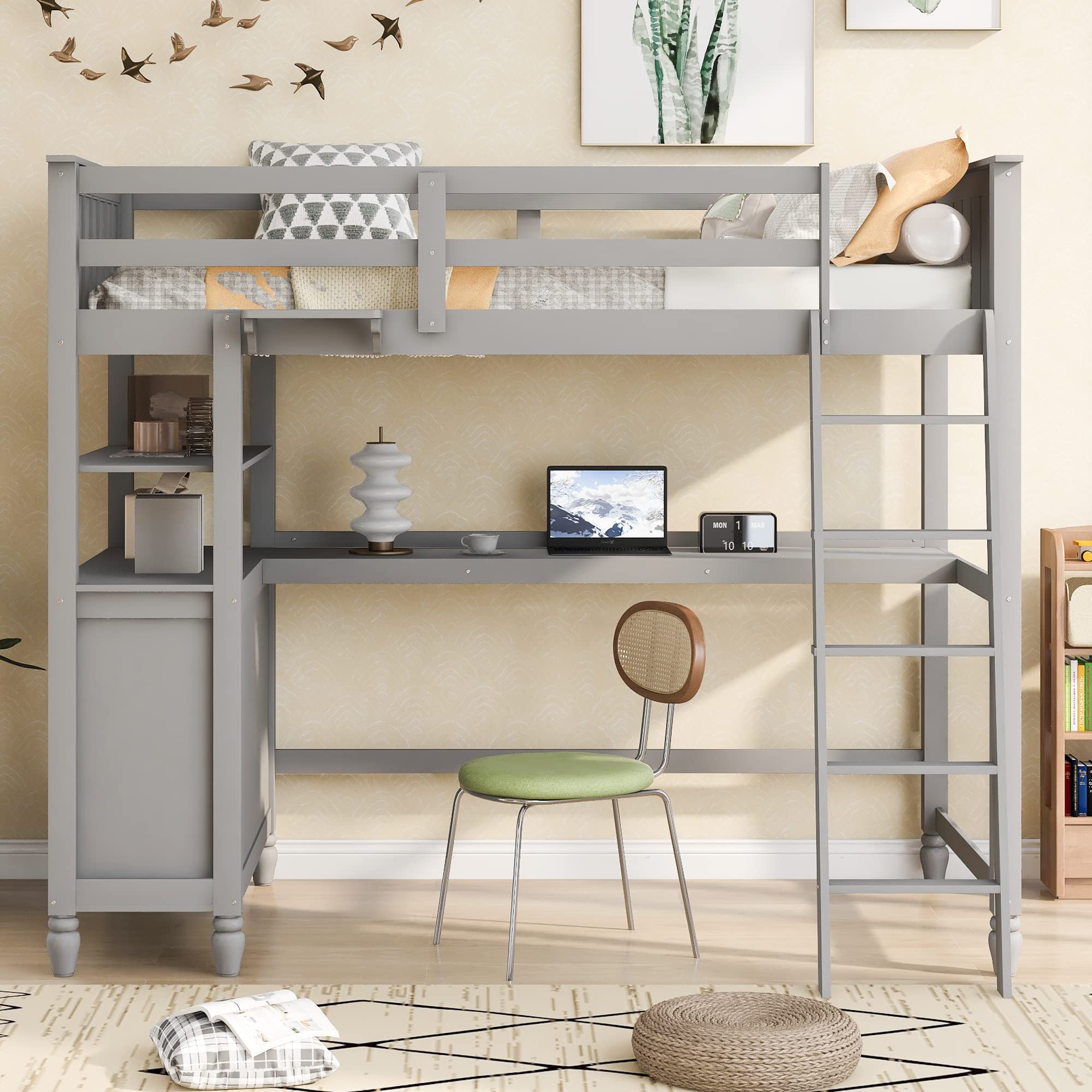 Twin Size Wood Loft Bed with Desk, Drawers & Storage Shelves - Sturdy High Loft Bed for Kids, Teens & Adults (Gray) | Space-Saving Bedroom Solution for Small Rooms, Dorm & Apartment Living