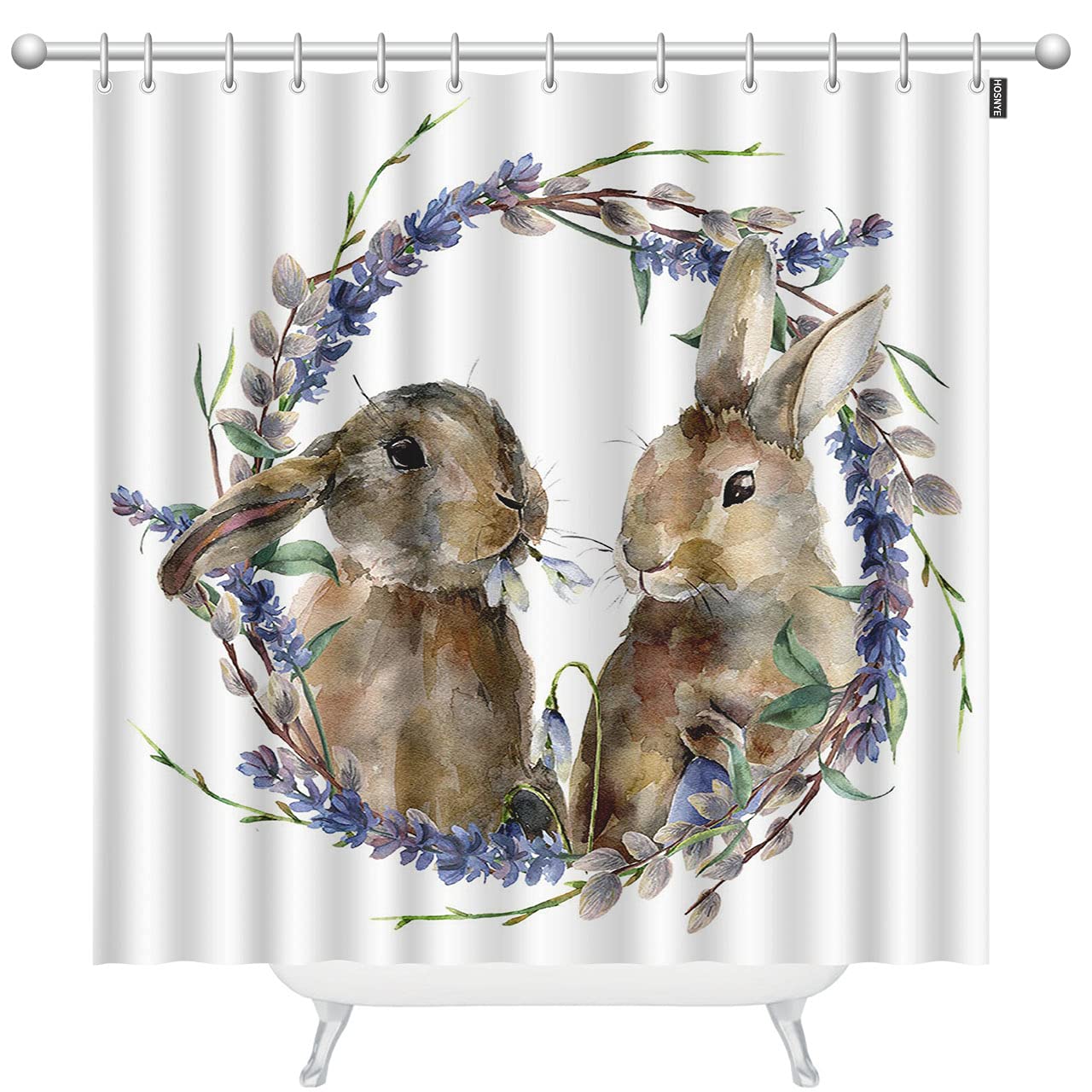 Floral Rabbit Shower Curtain Set - Watercolor Easter Bunny with Floral Wreath Bathroom Decor - 72 x 78 Inch Modern Bath Curtain with 12 Hooks - Perfect for Easter Decor, Spring Bathroom Refresh & Farmhouse Style Homes