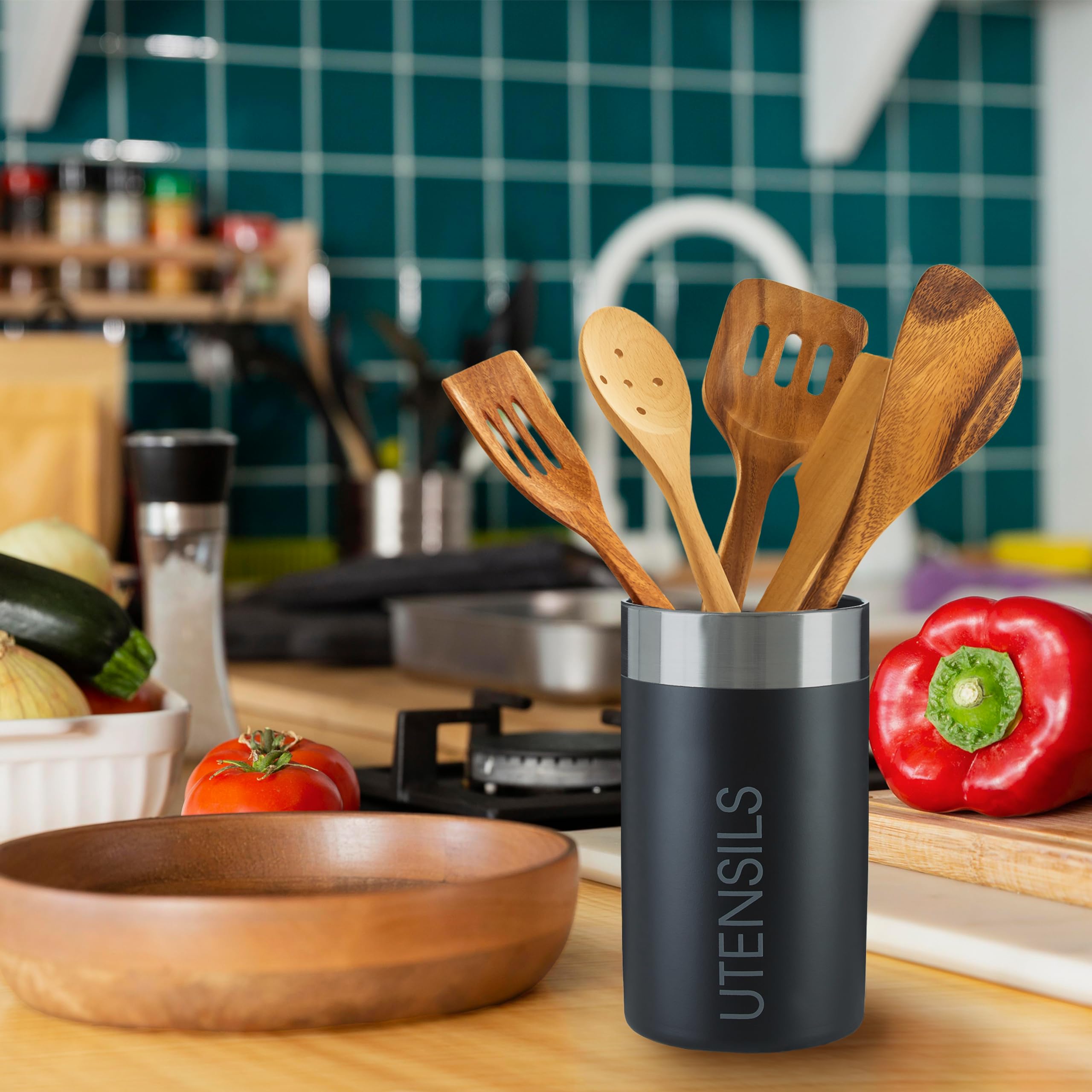 Premium Black Chrome Kitchen Utensil Holder & Organizer - Sturdy Cylindrical Cutlery Storage Container for Spoons, Forks & Cooking Tools - Perfect for Countertop, Drawer or Cabinet Organization